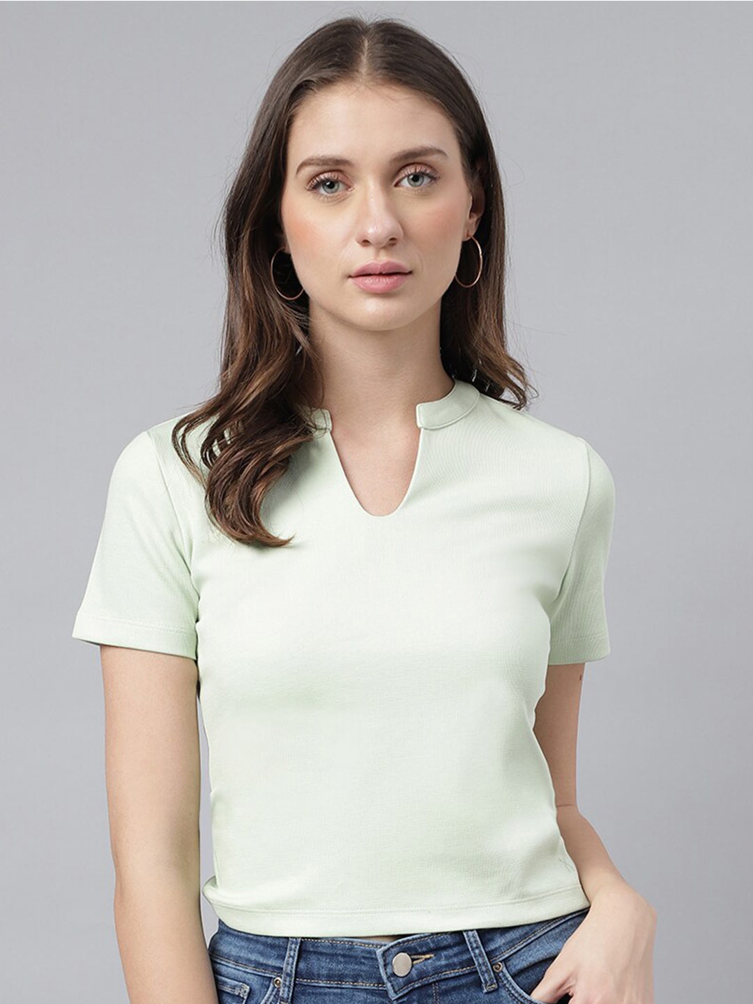 

Xpose Mandarin Collar Short Sleeves Top, Green
