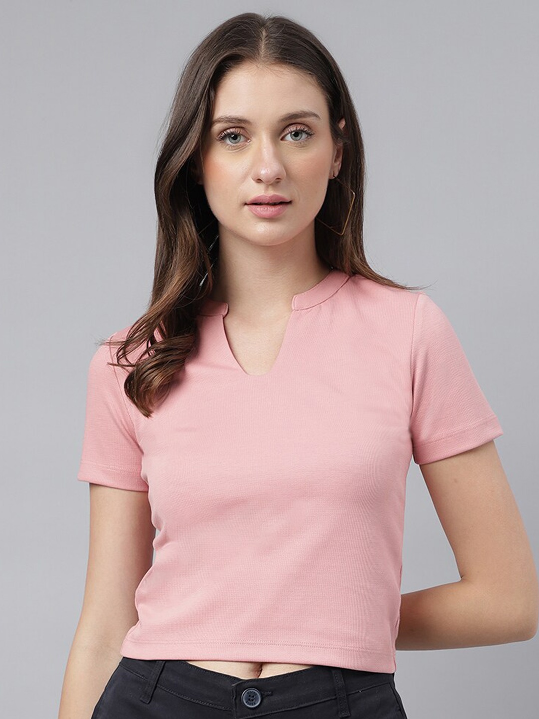 

Xpose Mandarin Collar Cotton Crop Top, Pink
