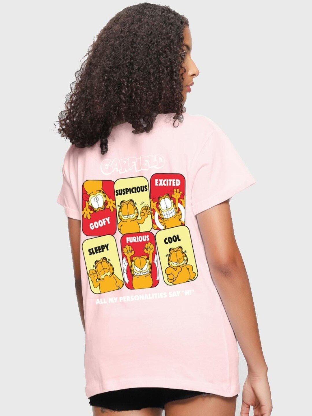 

Bewakoof Pink Graphic Garfield Printed Oversized Cotton T-Shirt