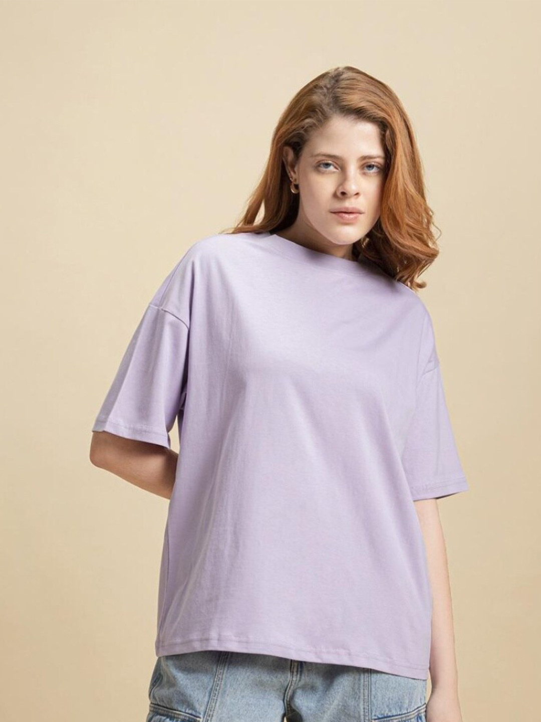 

Bewakoof Solid Drop-Shoulder Sleeves Oversized T-shirt, Lavender