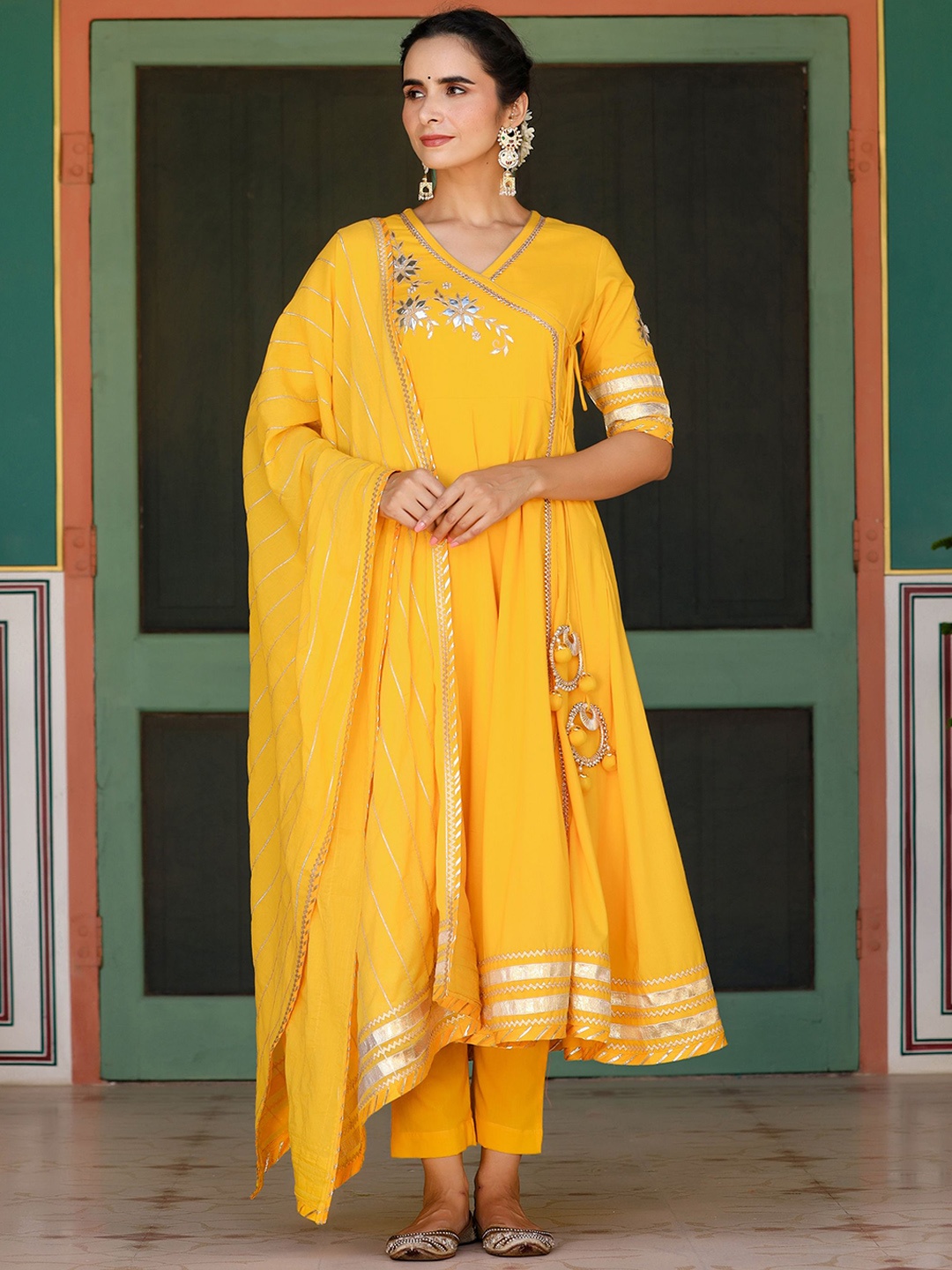 

GILLORI Gotta Patti Angrakha Pure Cotton Kurta With Trousers & Dupatta, Yellow