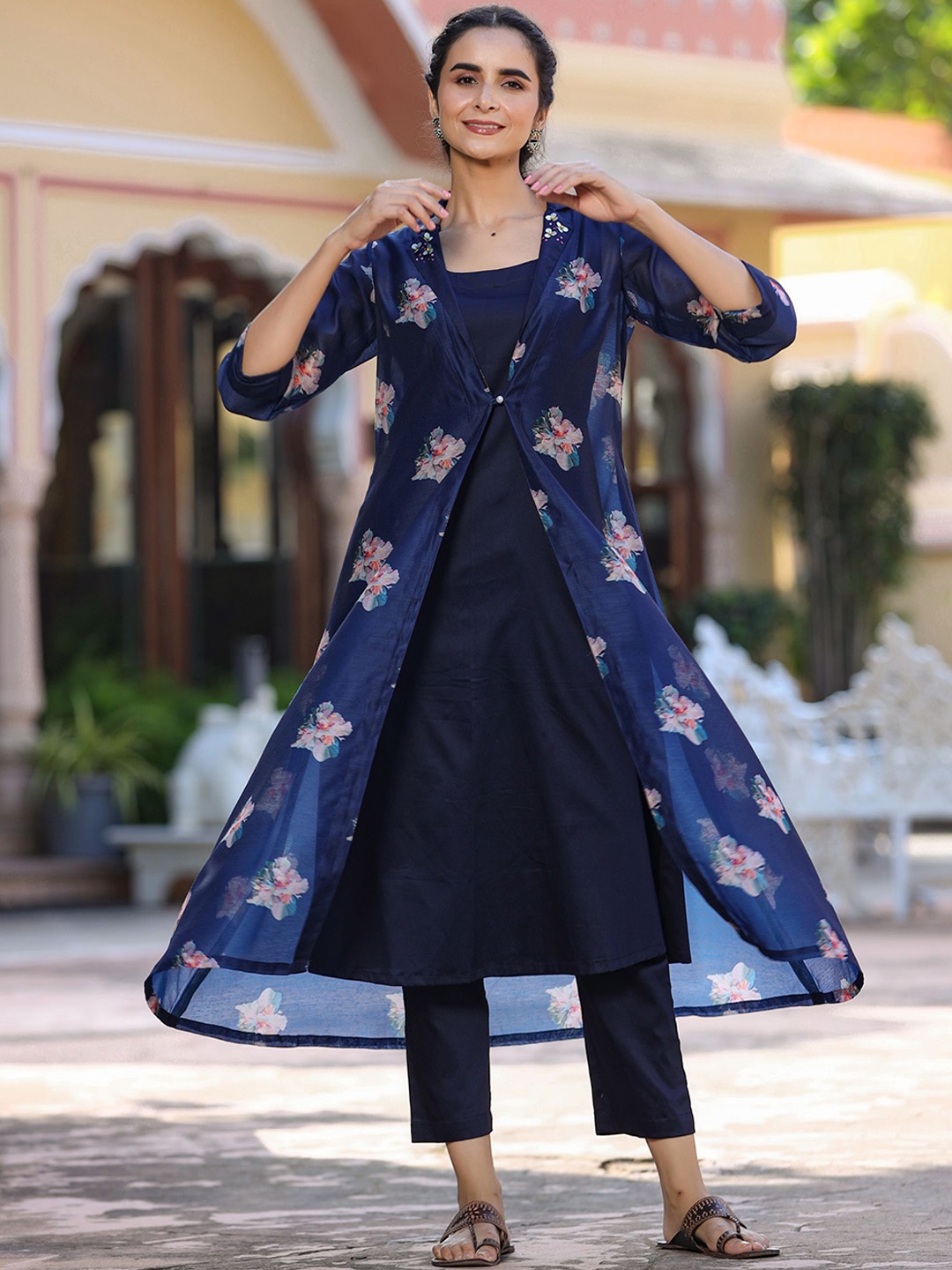 

GILLORI A-Line Chanderi Cotton Kurta with Trousers & Jacket, Navy blue