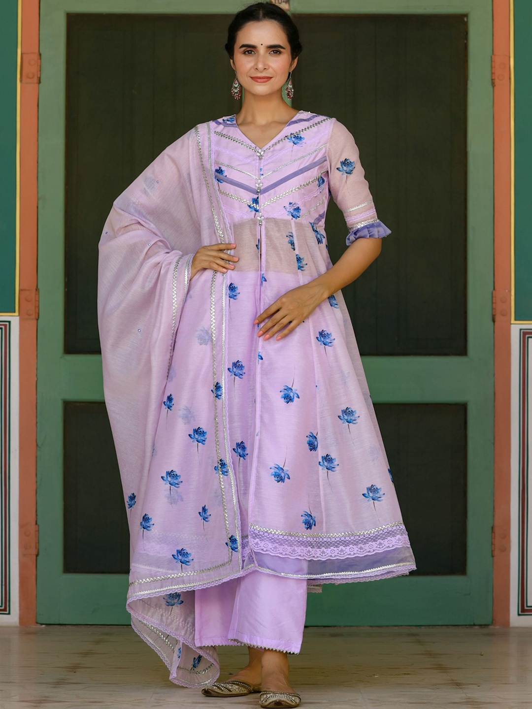 

GILLORI Floral Printed Chanderi Cotton Kurta With Palazzos & Dupatta, Lavender