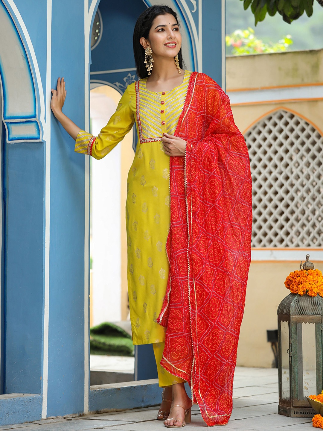 

GILLORI Ethnic Motifs Printed Kurta With Trousers & Dupatta, Yellow