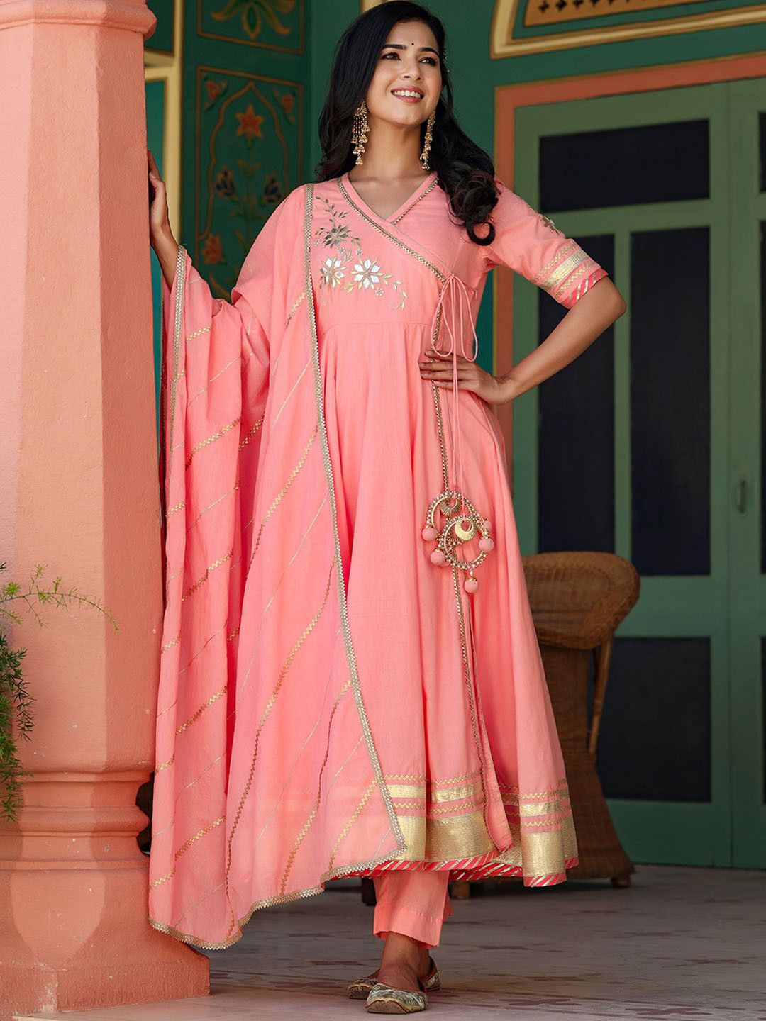 

GILLORI Floral Embroidered Gotta Patti Angrakha Pure Cotton Kurta with Trousers & Dupatta, Peach