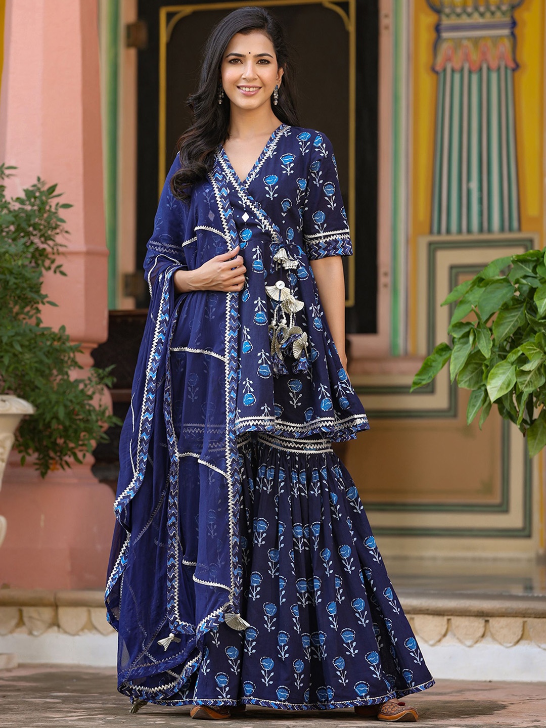 

GILLORI Printed Mirror Work Gotta Patti Angrakha Pure Cotton Kurta with Sharara & Dupatta, Navy blue