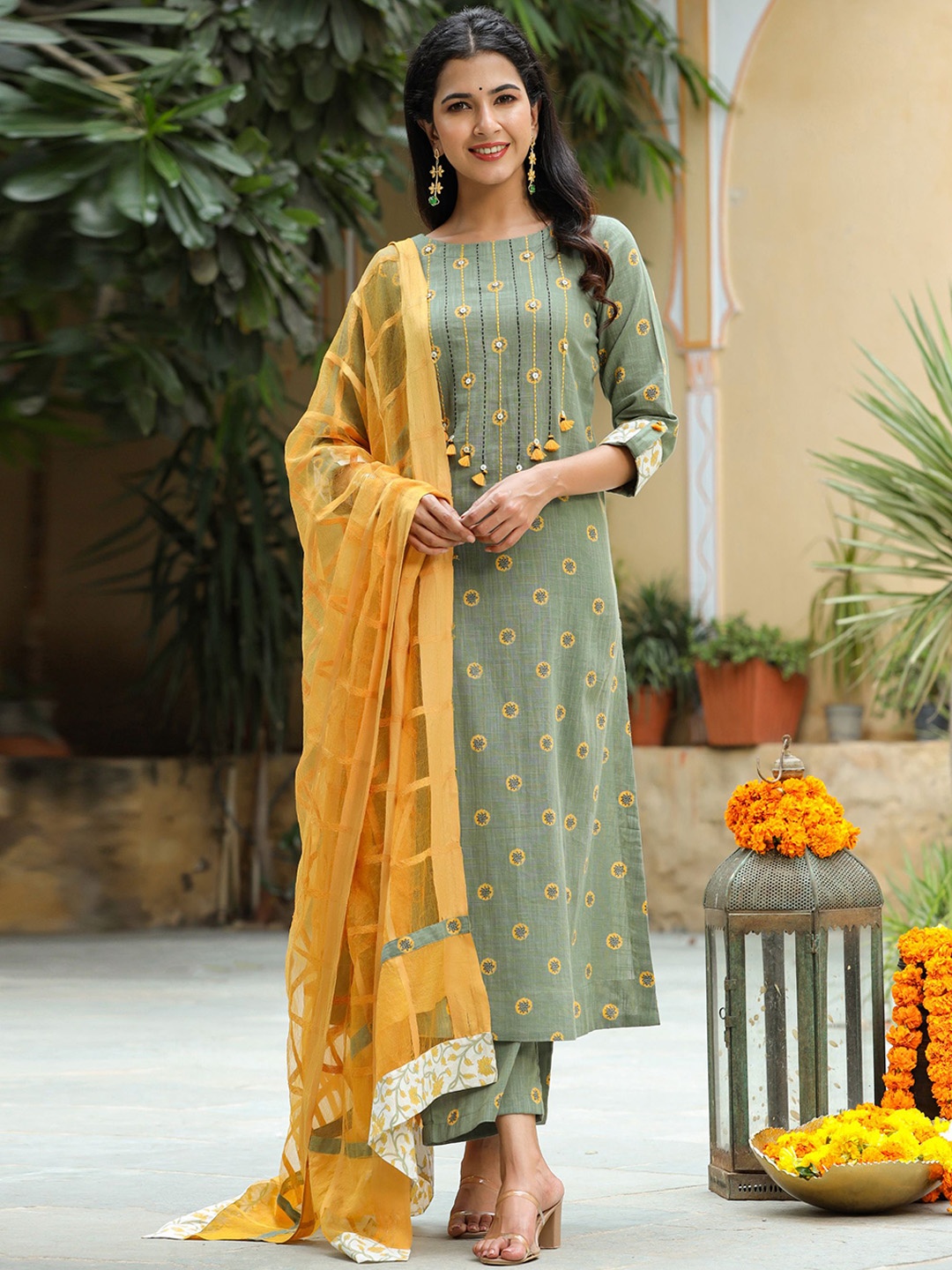 

GILLORI Floral Printed Sequined Thread Work Pure Cotton Kurta with Trousers & Dupatta, Green