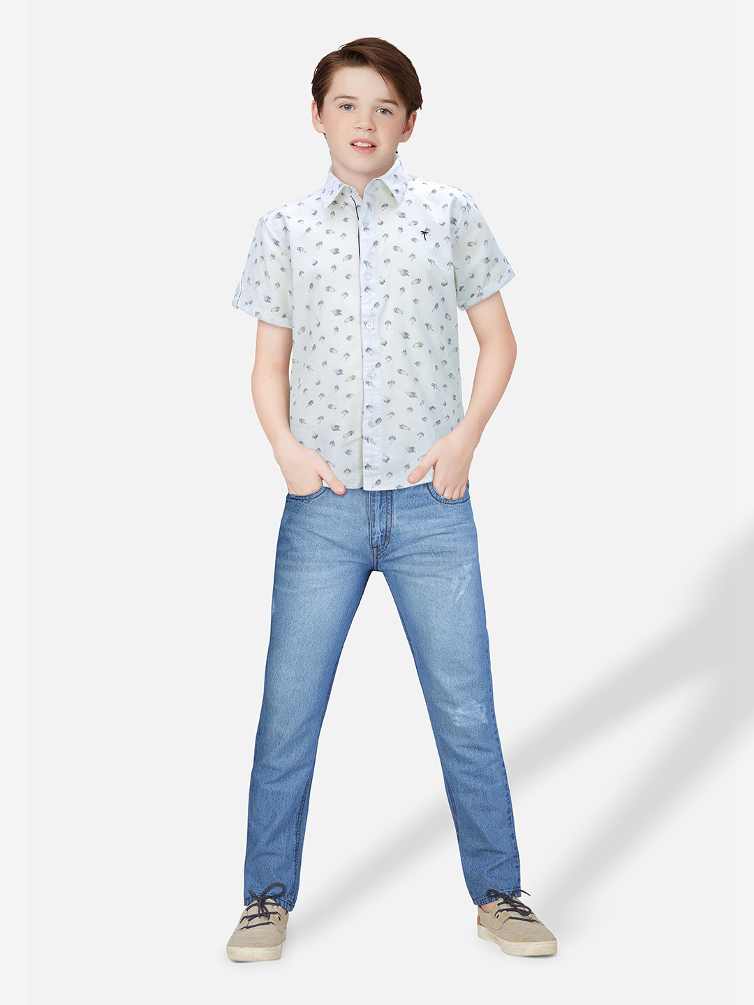 

Palm Tree Boys Conversational Printed Cotton Casual Shirt, White