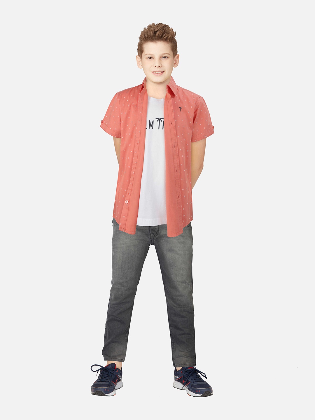 

Palm Tree Boys Conversational Printed Short Sleeve Cotton Casual Shirt, Coral