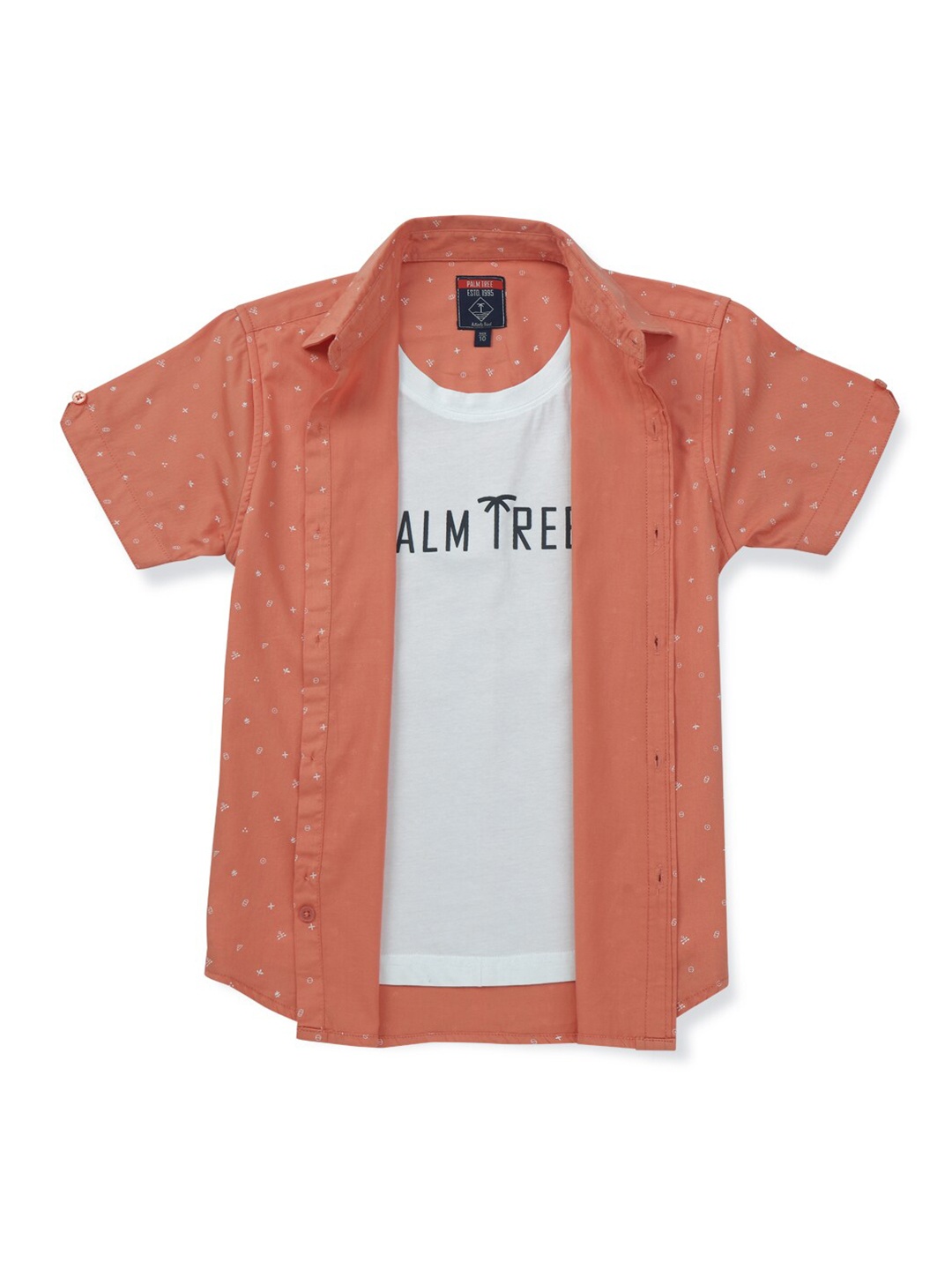 Palm Tree Boys Conversational Printed Spread Collar Casual Shirt, Peach