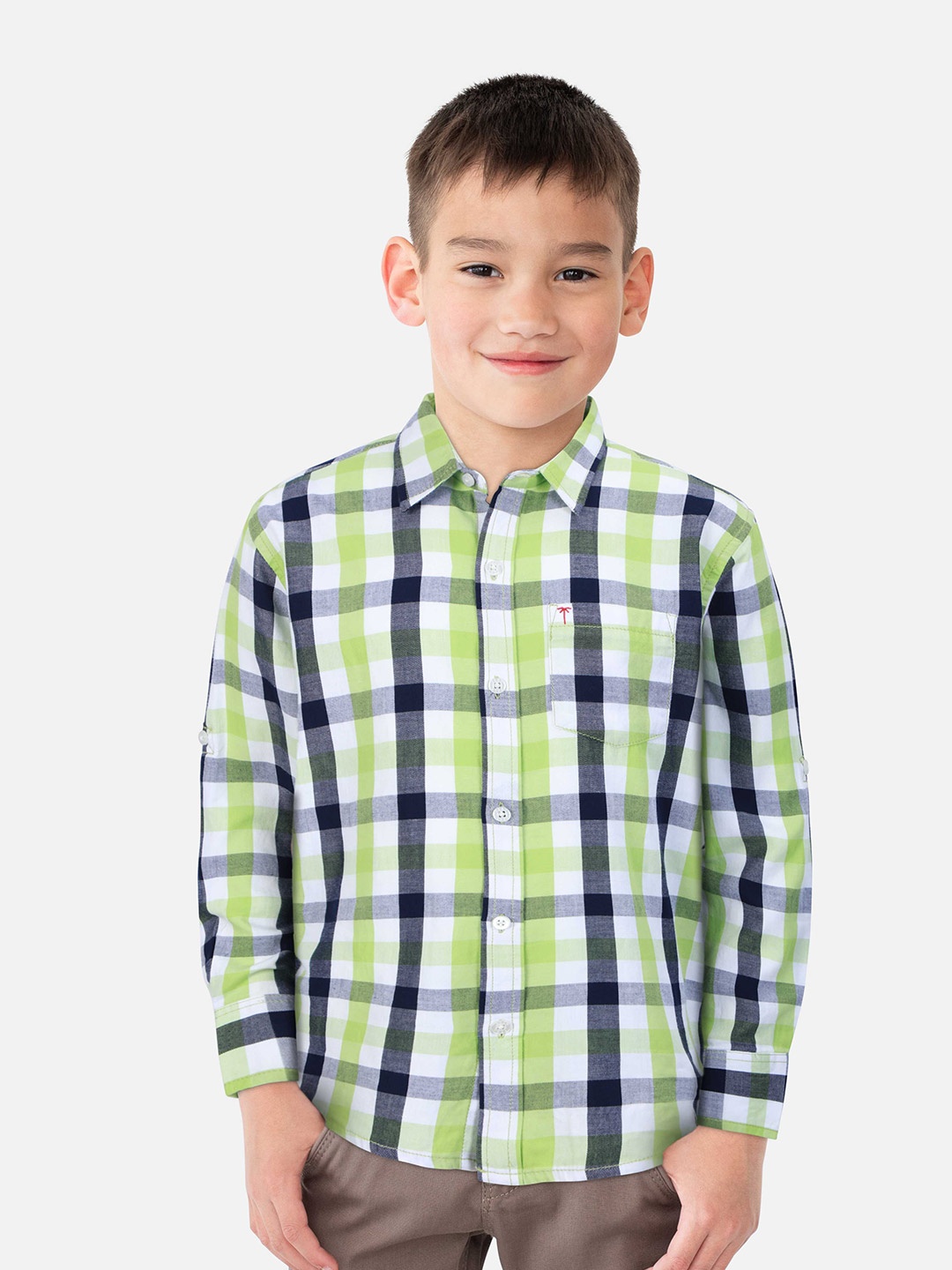 

Palm Tree Boys Tartan Checks Cotton Casual Shirt, Green