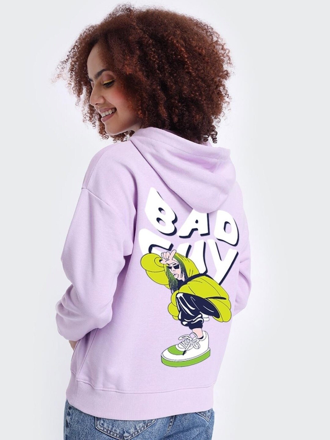

Bewakoof Bad Guy Billie Typography Back Print Oversized Hooded Sweatshirt, Lavender