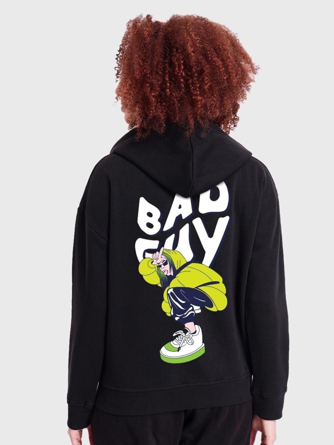 

Bewakoof Women Bad Guy Billie Graphic Printed Oversized Hooded Sweatshirt, Black
