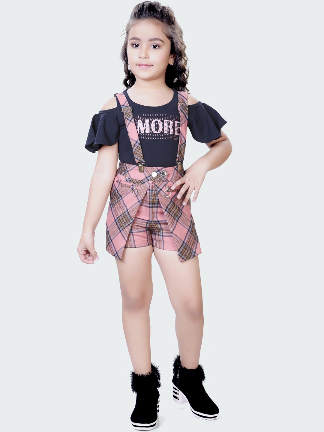 

Hunny Bunny Girls Checks Printed Dungarees With Top, Pink