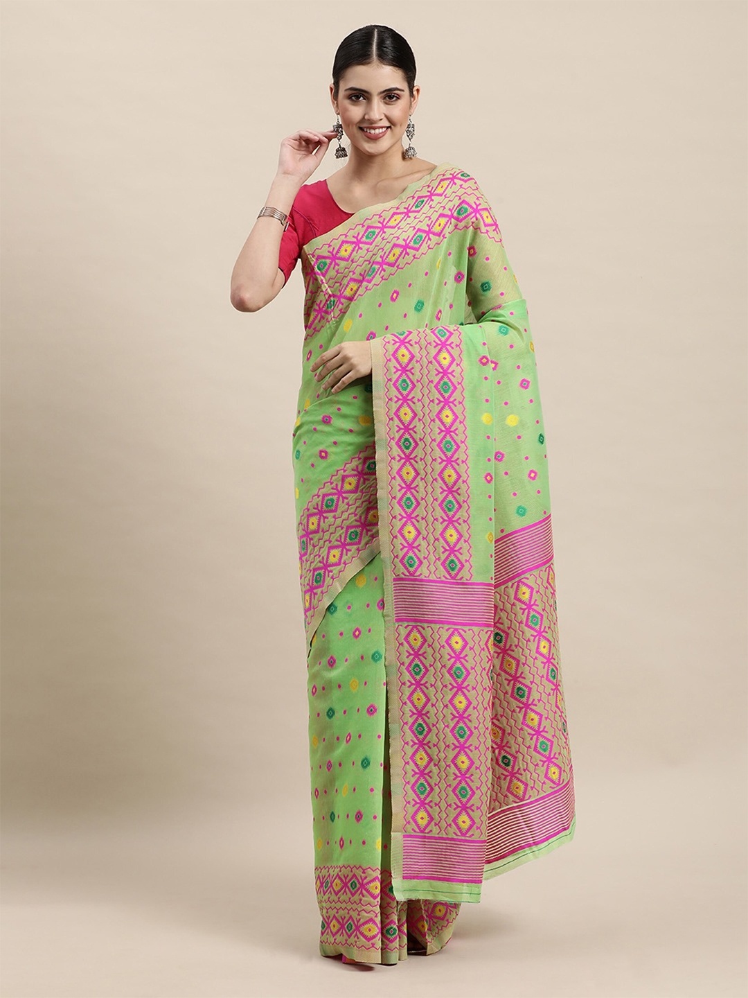 

Pandadi Saree Floral Woven Design Silk Cotton Jamdani Sarees, Green