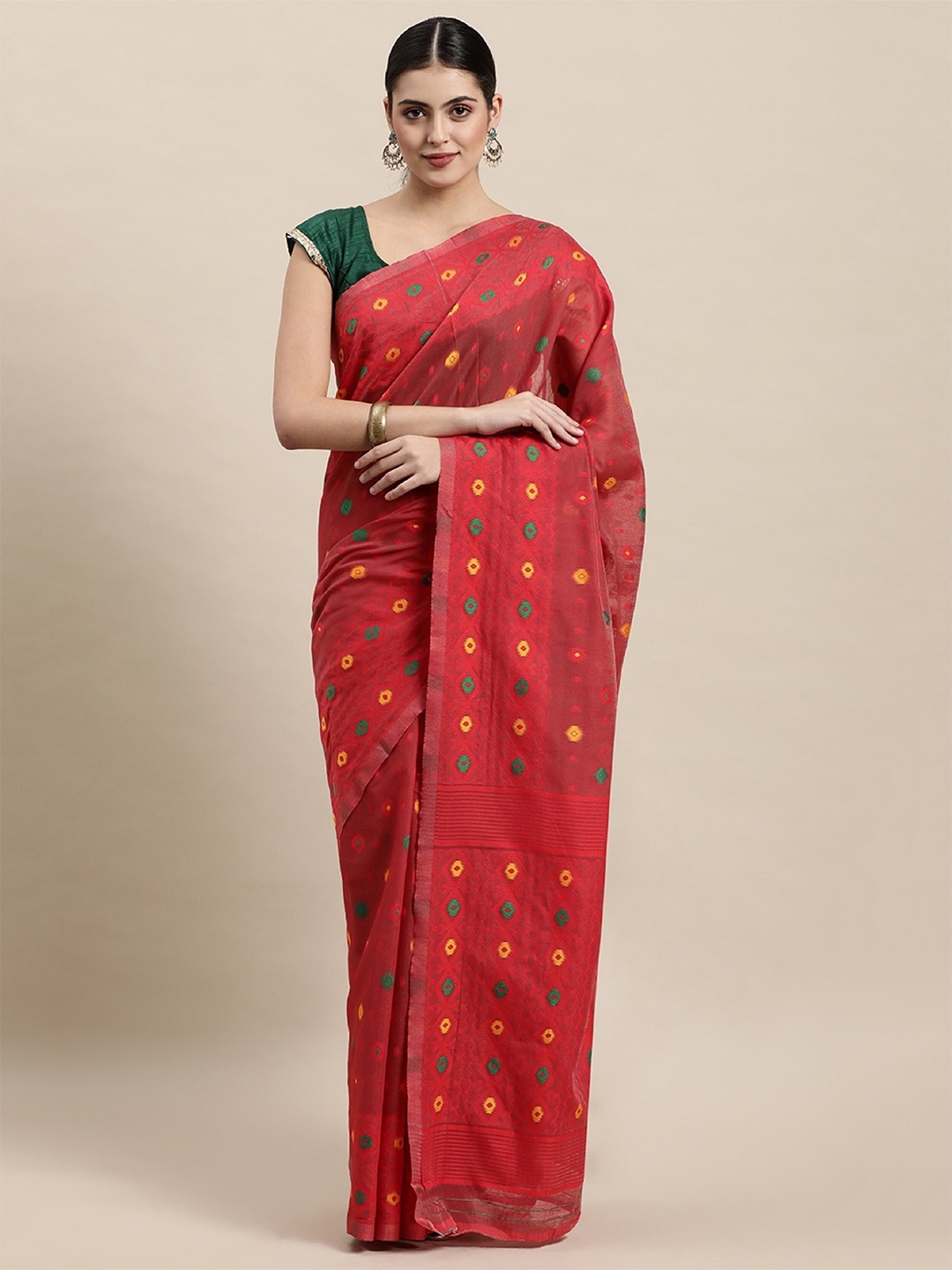 

Pandadi Saree Floral Woven Design Silk Cotton Jamdani Sarees, Red
