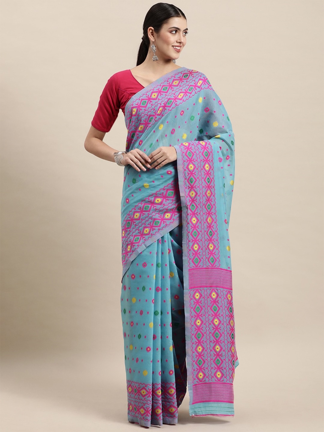 

Pandadi Saree Floral Woven Design Silk Cotton Jamdani Sarees, Blue