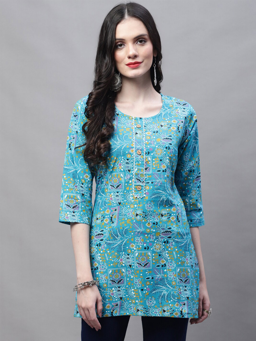 

SOUNDARYA Ethnic Motifs Printed Gotta Patti Pure Cotton Kurti, Turquoise blue
