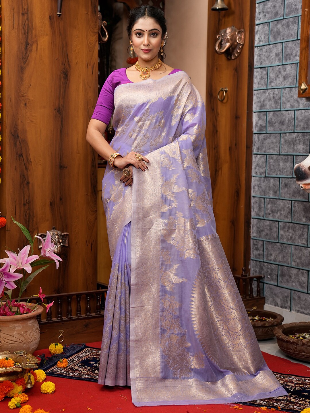 

KARAGIRI Ethnic Motif Woven Design Kanjeevaram Saree, Purple