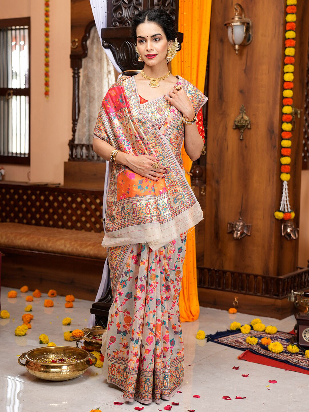 

KARAGIRI Woven Design Zari Pashmina Saree, Orange