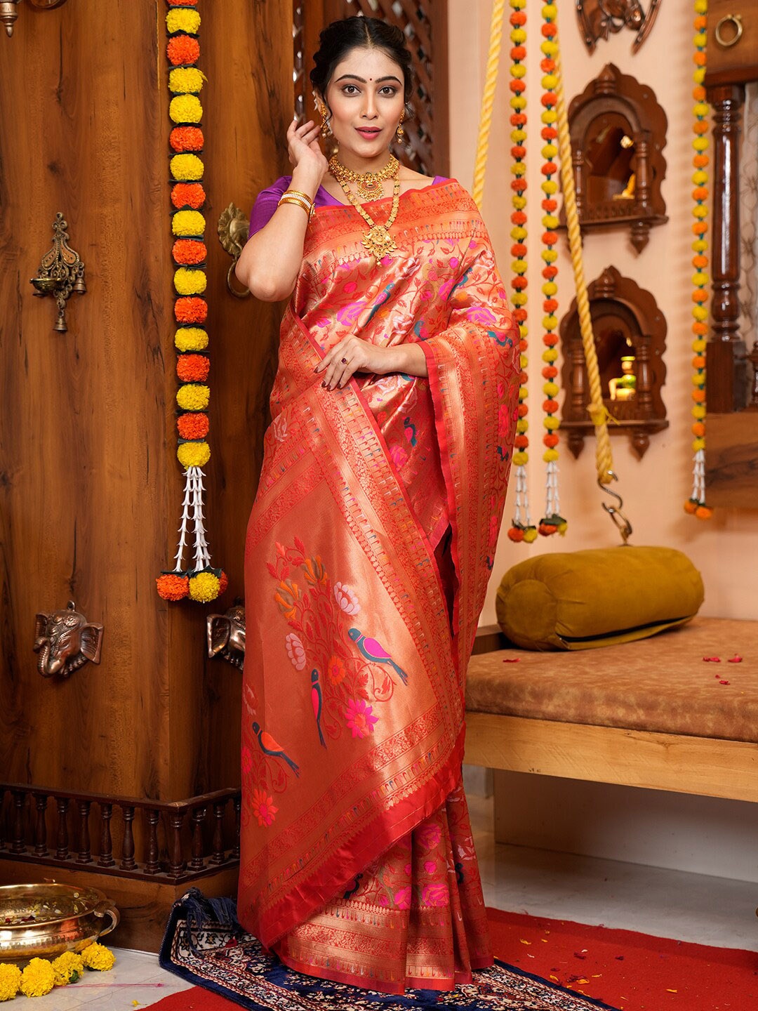 

KARAGIRI Floral Woven Design Zari Paithani Saree, Orange