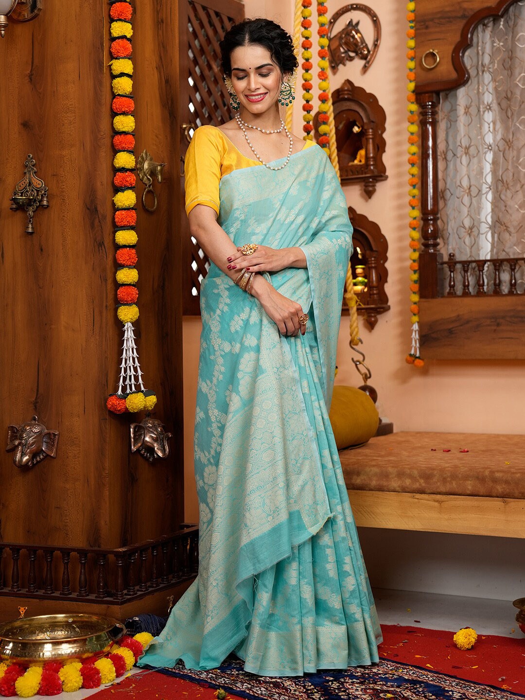 

KARAGIRI Ethnic Motif Woven Design Organza Saree, Blue
