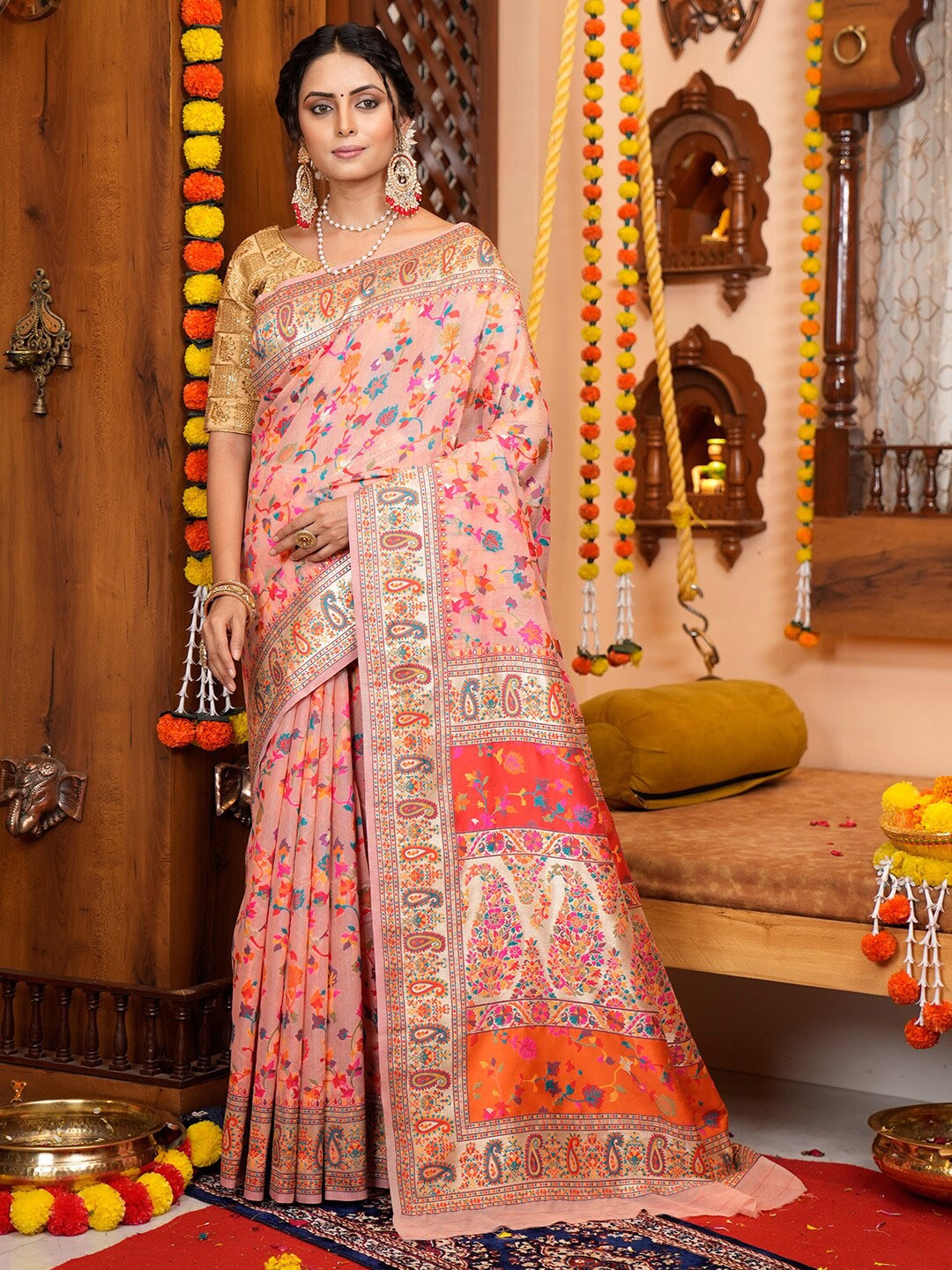 

KARAGIRI Floral Woven Design Silk Pashmina Saree, Peach