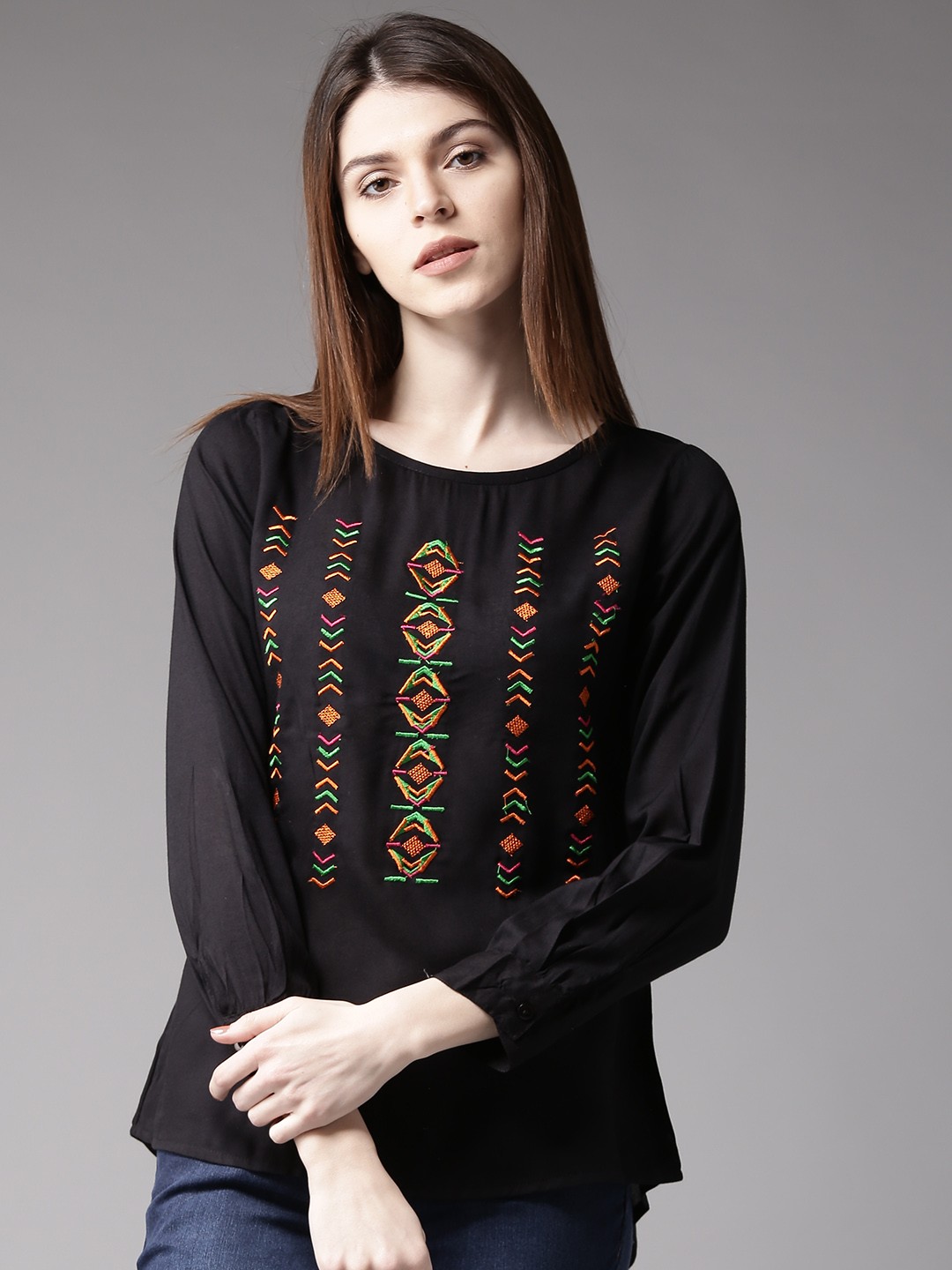 

HERE&NOW Women Black Embroidered Top