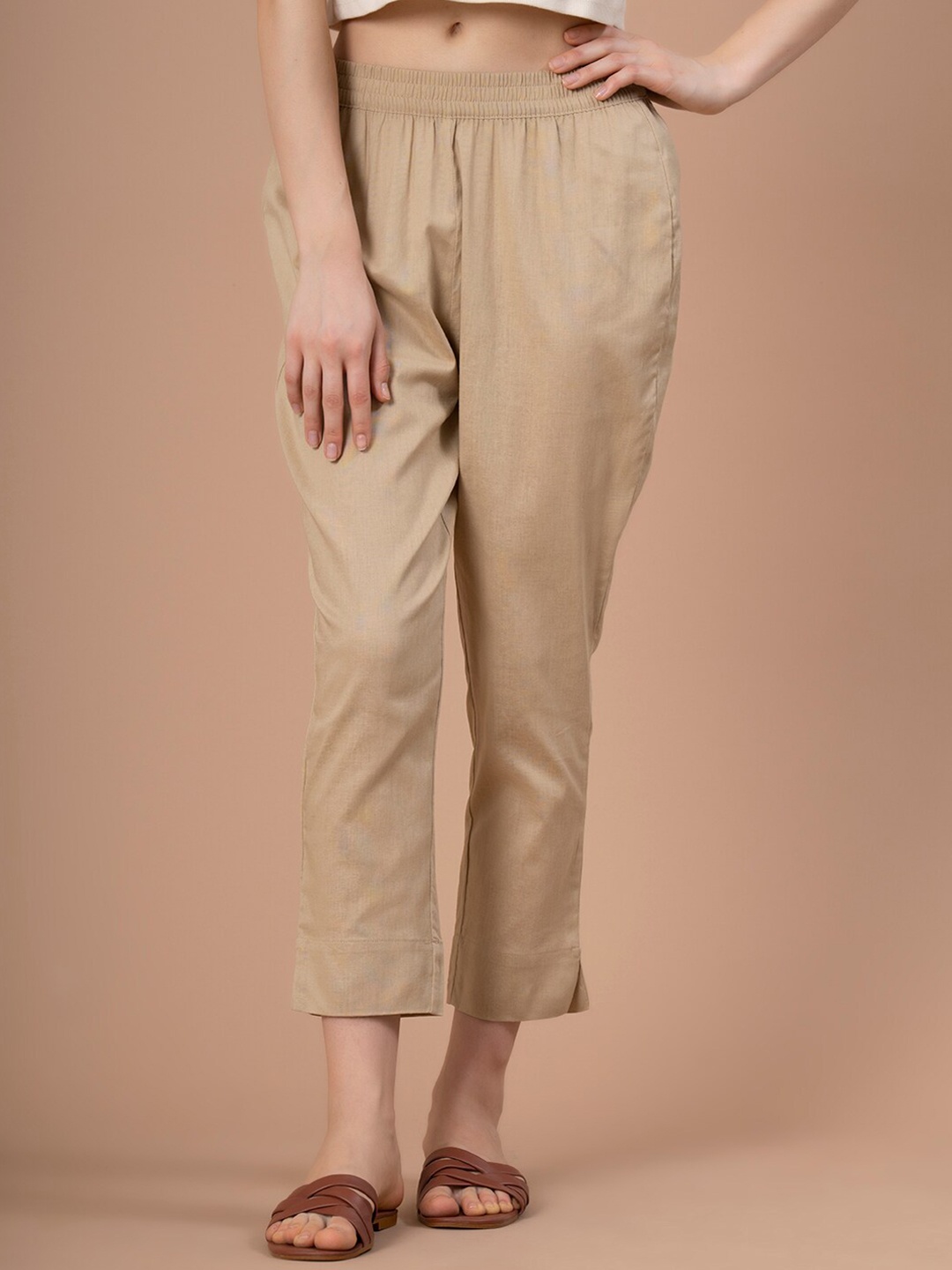 

Mode by Red Tape Women Slim Fit Cotton Linen Trousers, Beige