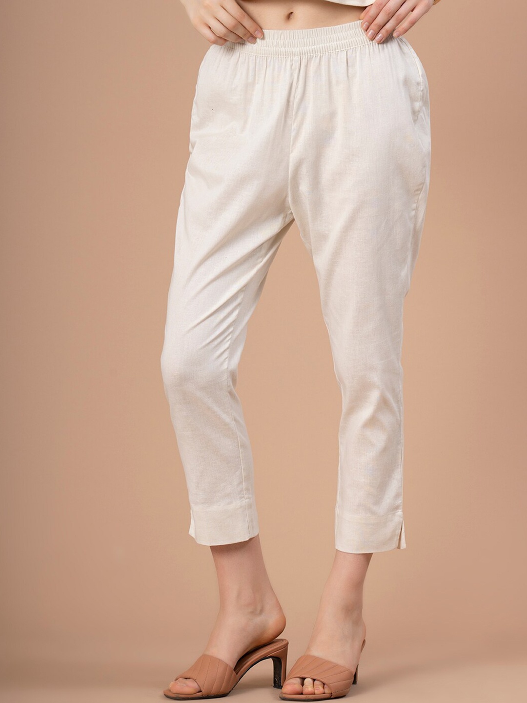 

Mode by Red Tape Women Slim Fit Mid-Rise Cotton Linen Trousers, Off white