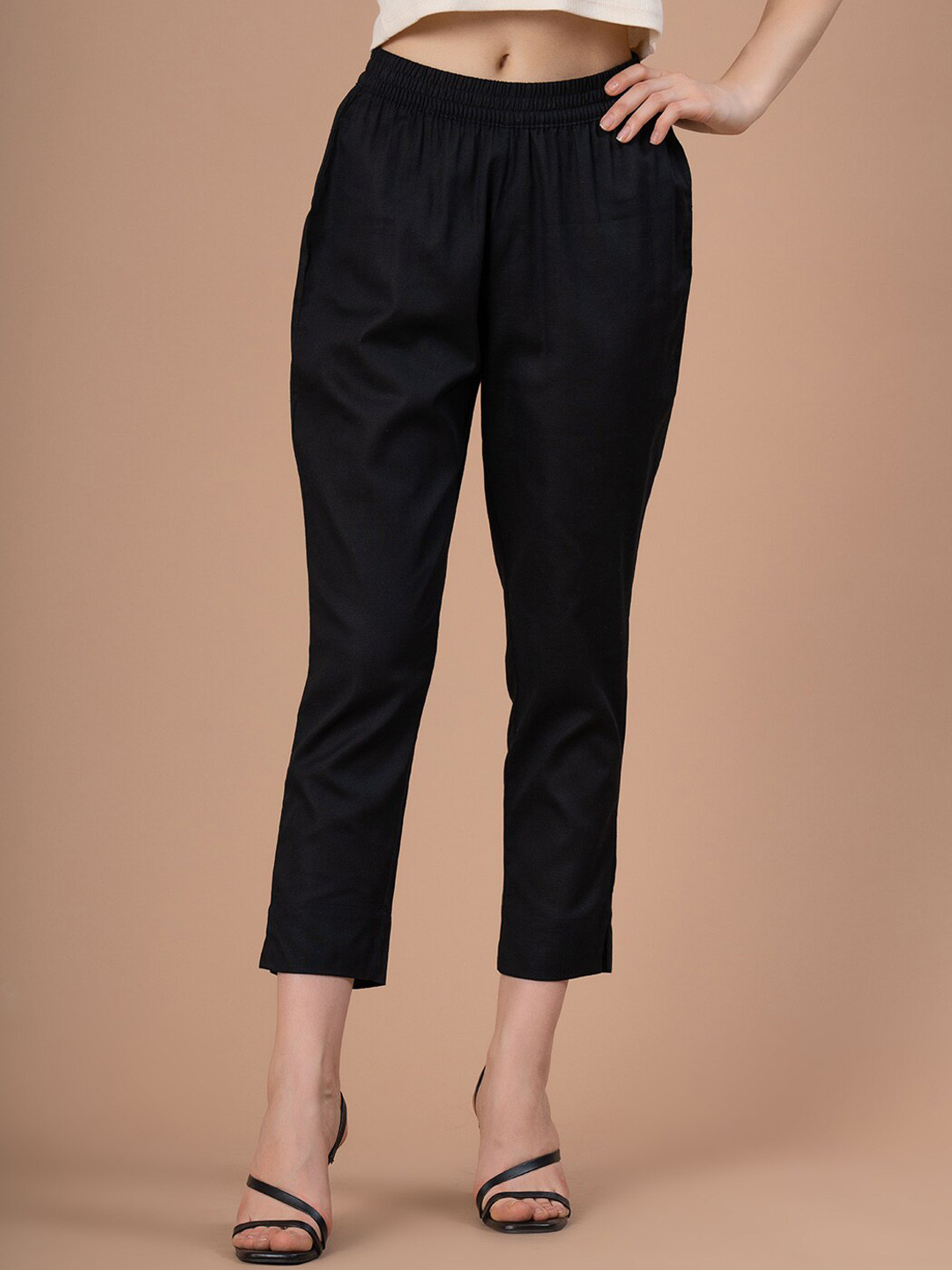 

Mode by Red Tape Women Slim Fit Cotton Linen Trousers, Black