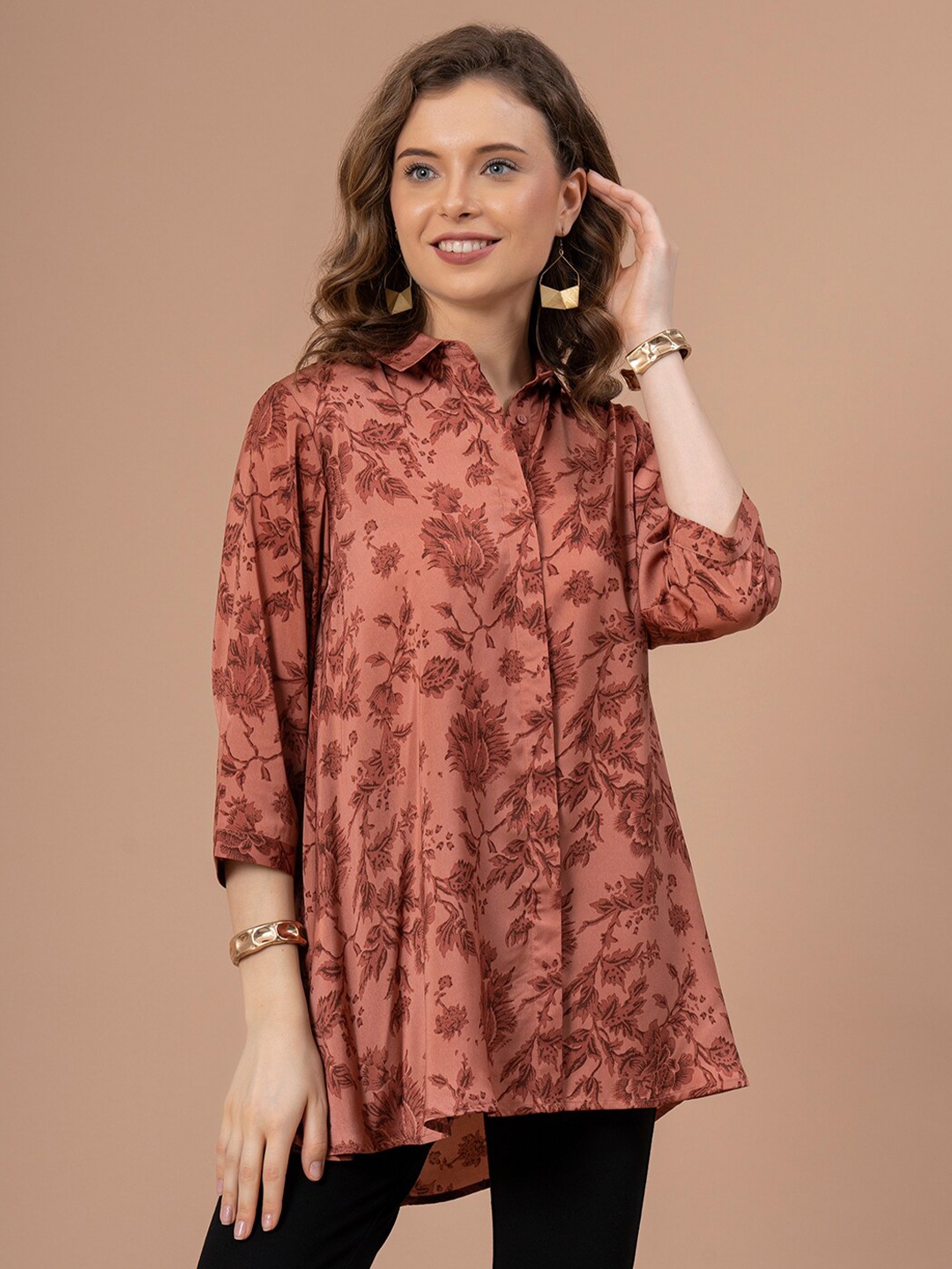 

Mode by Red Tape Floral Printed Shirt Collar Top, Brown