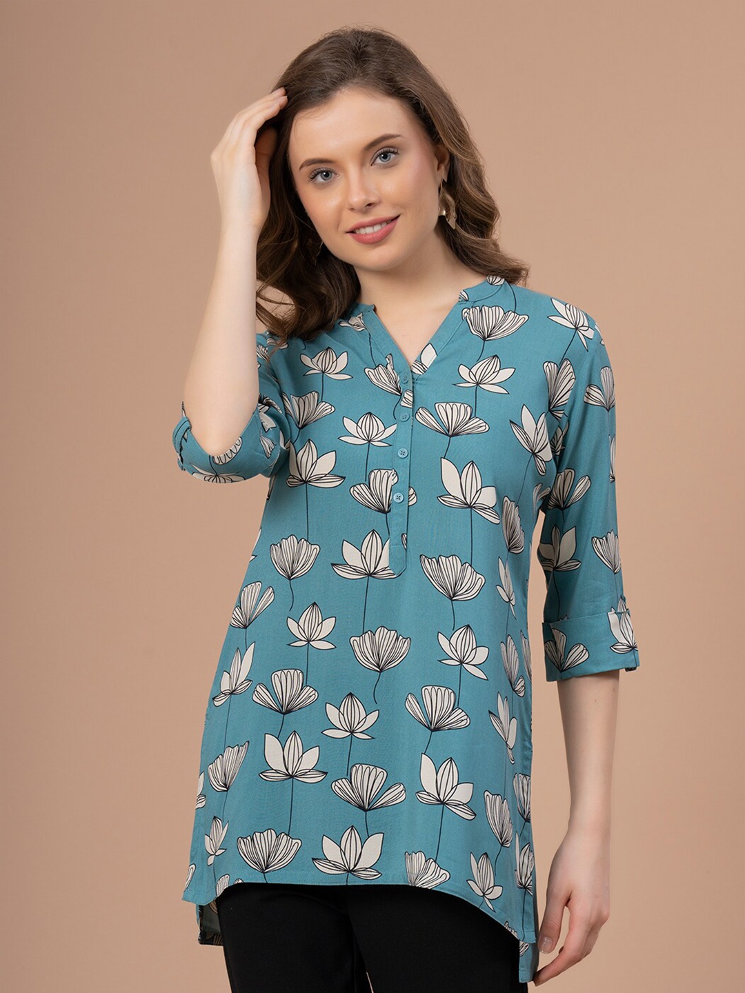 

Mode by Red Tape Floral Printed Mandarin Collar Top, Blue