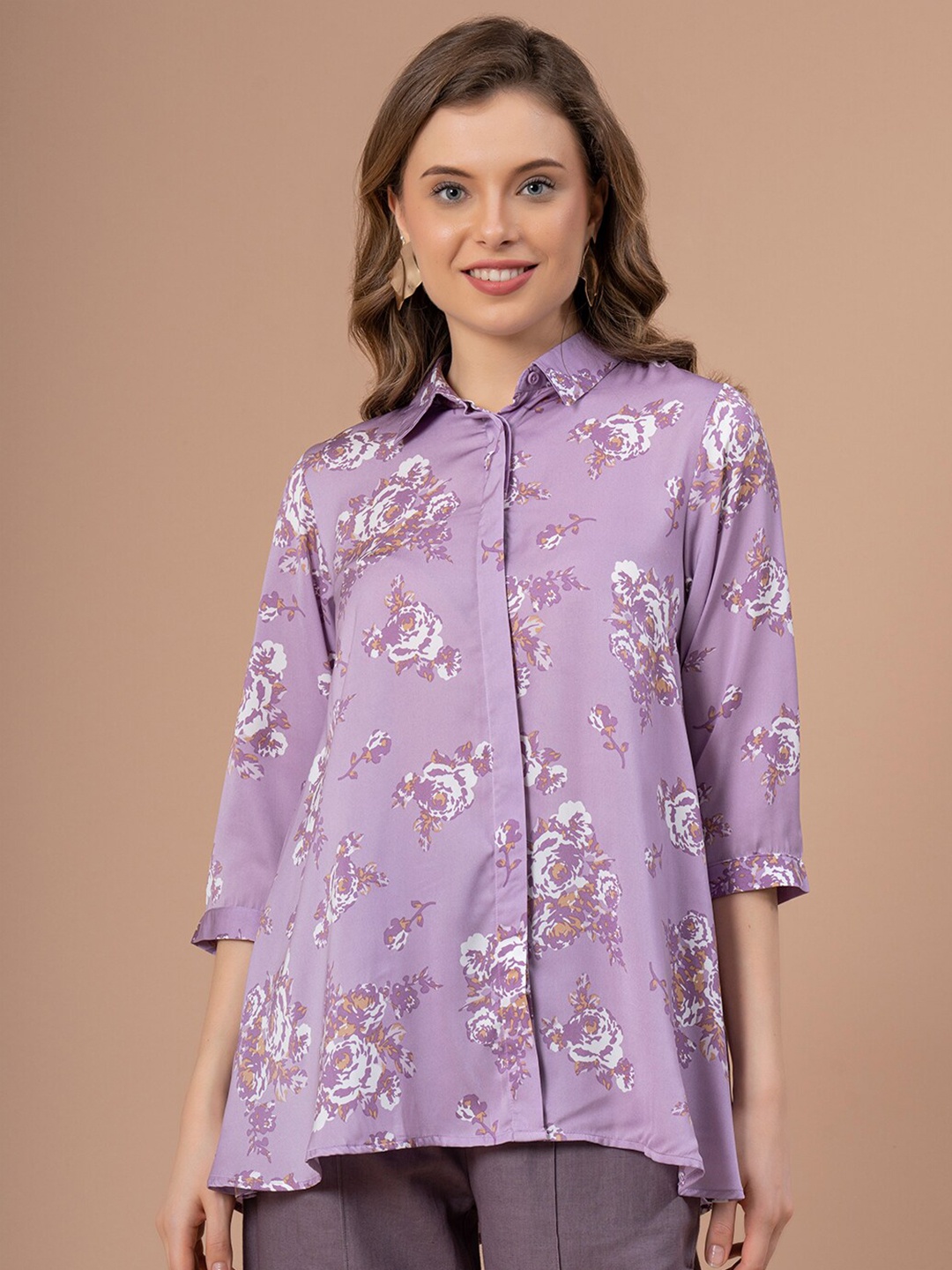 

Mode by Red Tape Lilac Floral Printed Shirt Collar Longline Top, Purple