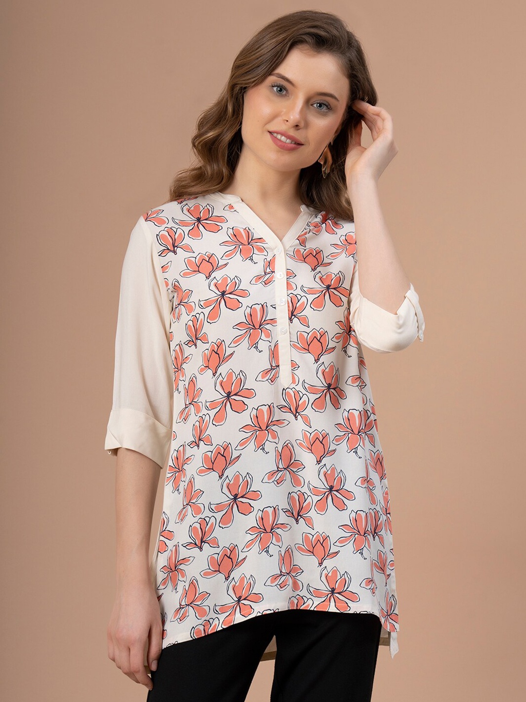 

Mode by Red Tape Cream Floral Printed Mandarin Collar Top