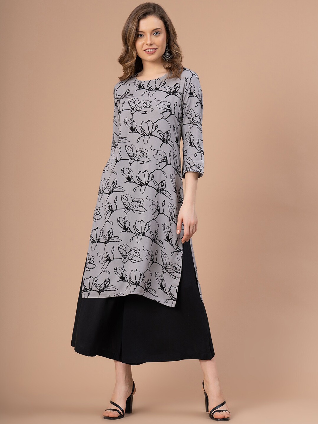 Mode by Red Tape Floral Printed Boat Neck Straight Kurta, Grey