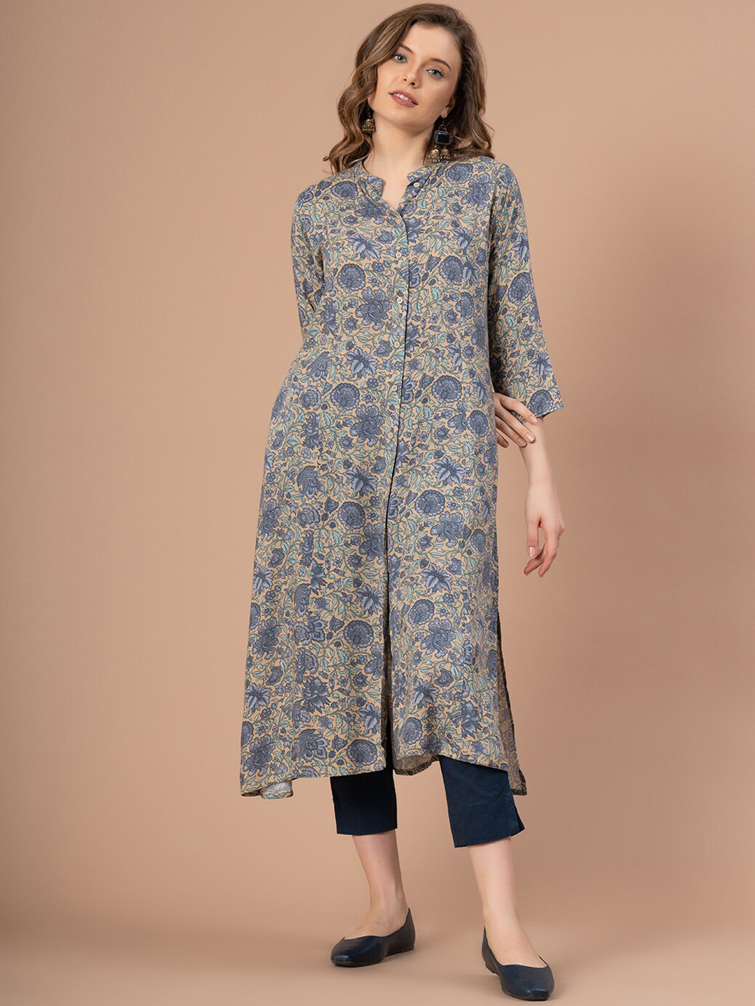 

Mode by Red Tape Floral Printed Mandarin Collar Kurta, Yellow