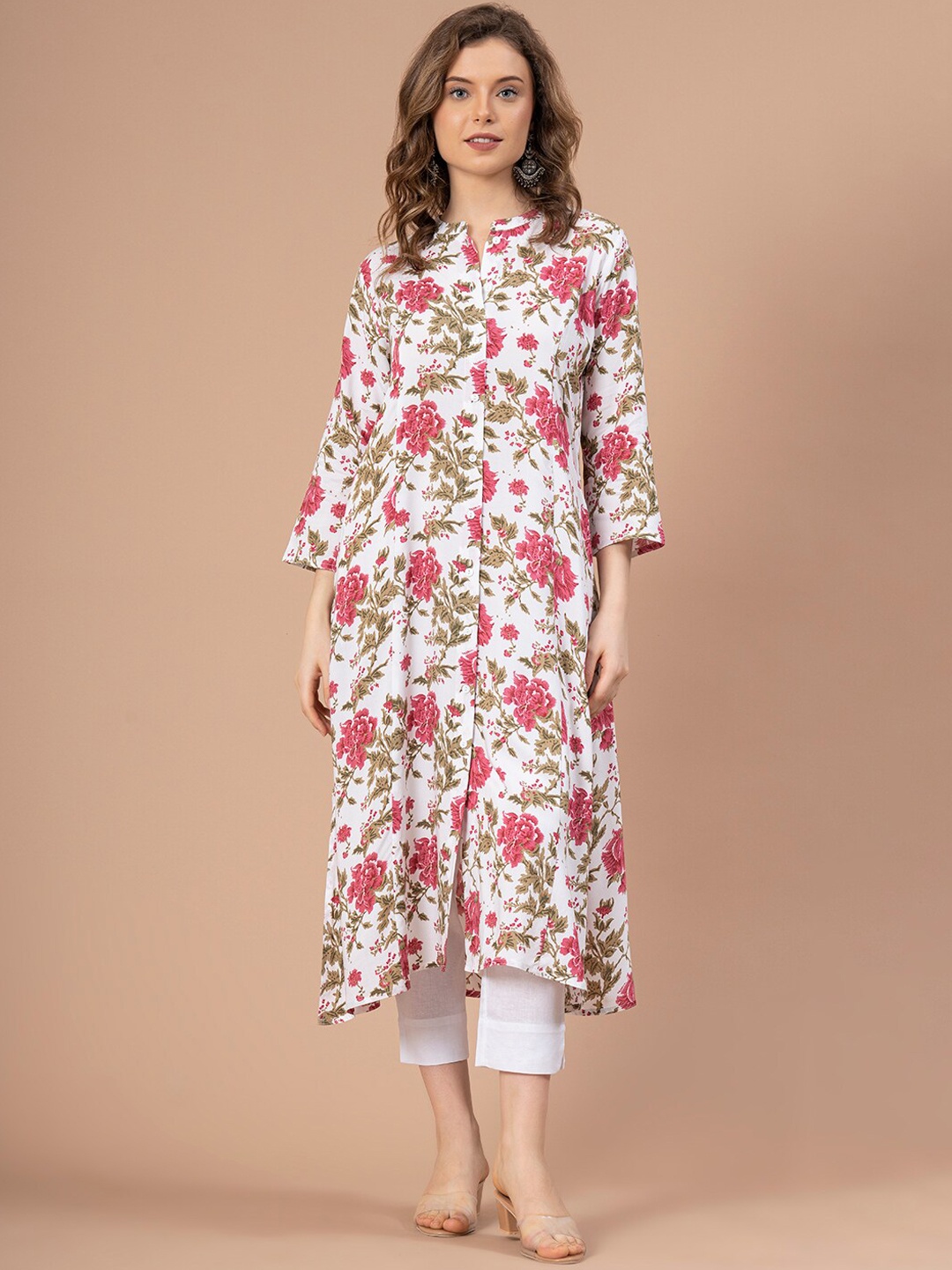 

Mode by Red Tape Women Floral Printed Band Collar A-Line Kurta, White