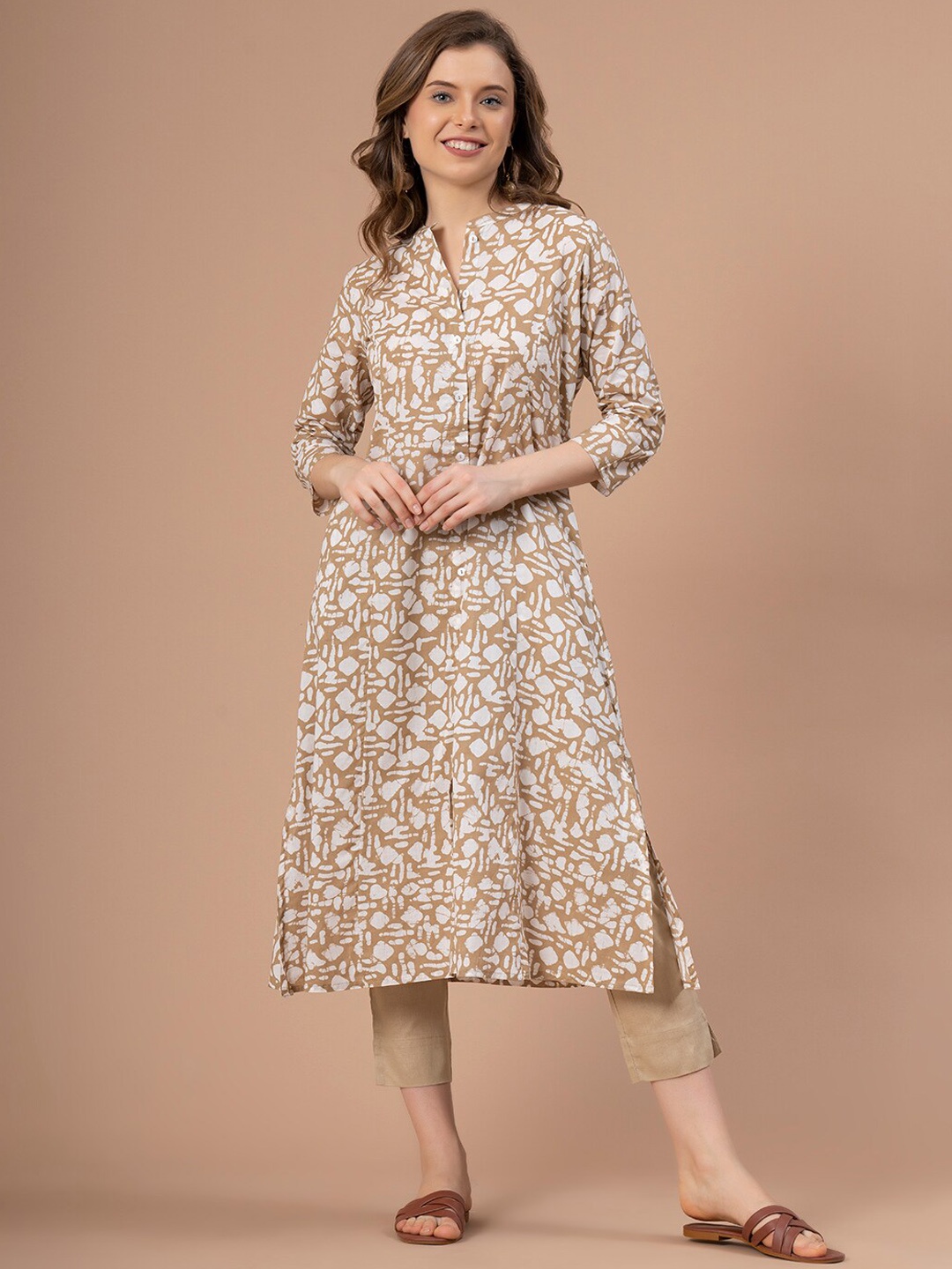 

Mode by Red Tape Printed Cotton A-Line Kurta, Brown