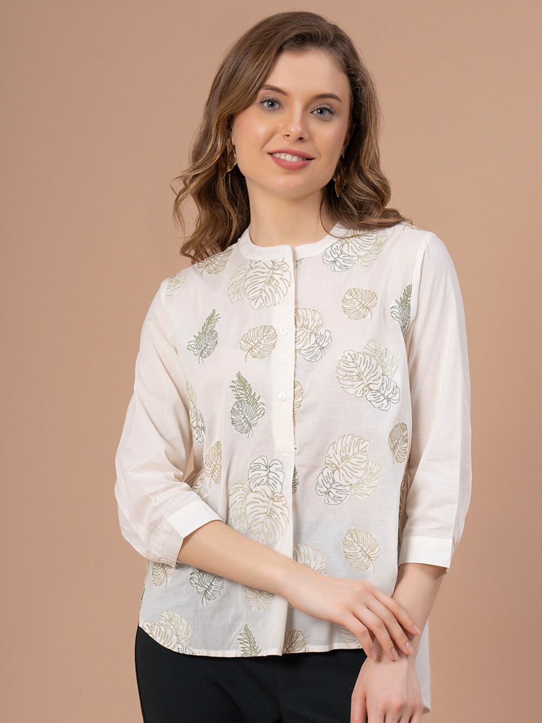 

Mode by Red Tape Off White Embroidered Tropical Printed Cotton Top