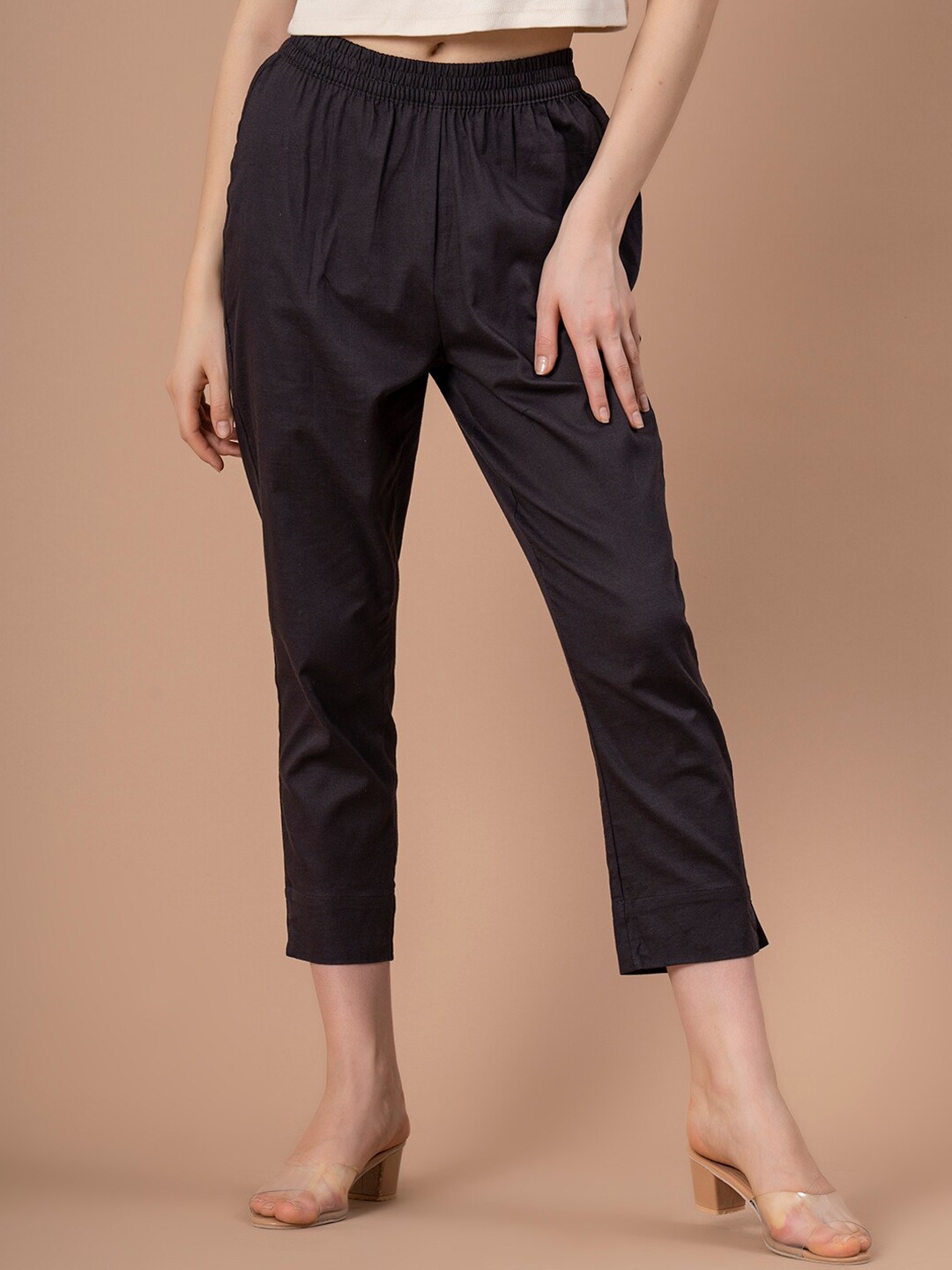 

Mode by Red Tape Women Slim Fit Mid Rise Cotton Linen Trousers, Charcoal