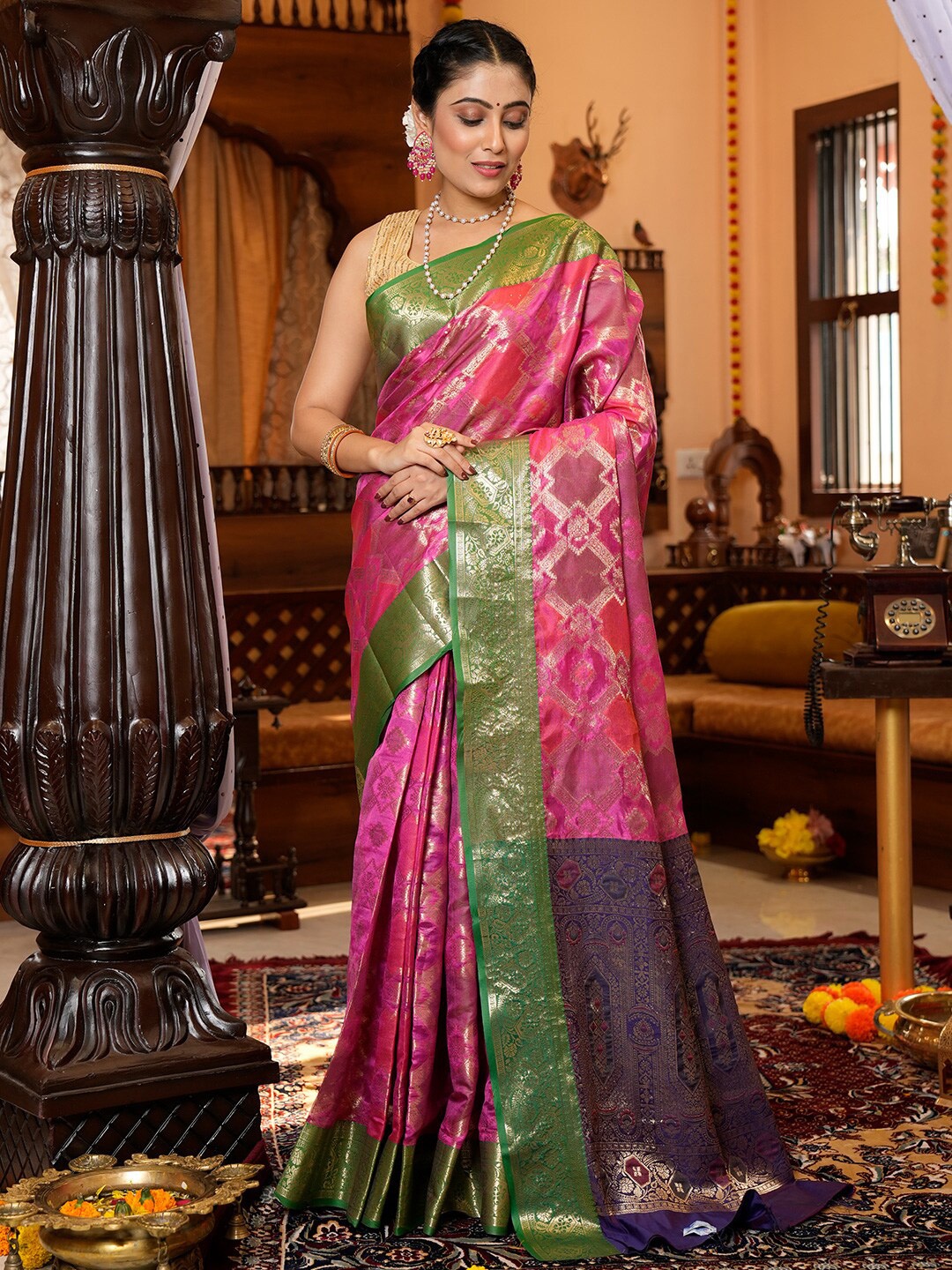 

KARAGIRI Ethnic Motif Organza Zari Saree With Blouse Piece, Pink