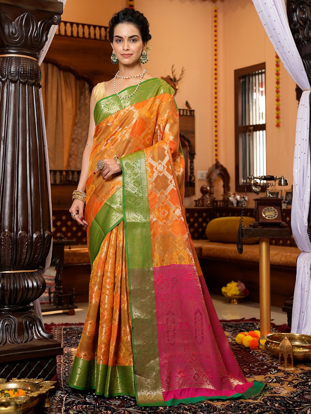 

KARAGIRI Ethnic Motif Woven Design Organza Saree, Orange