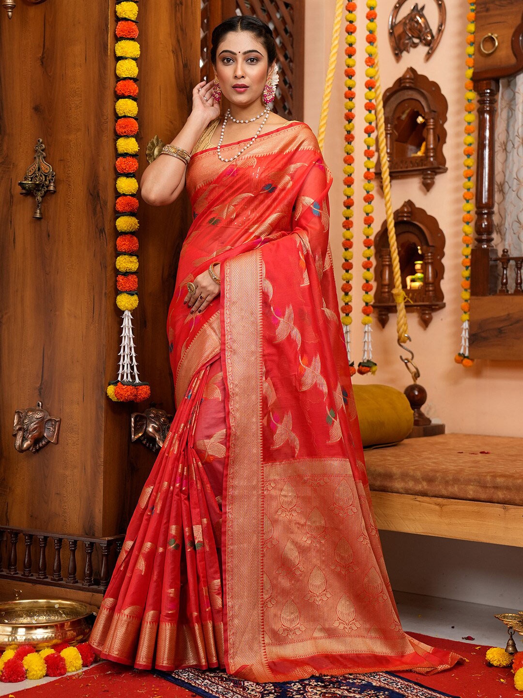 

KARAGIRI Floral Woven Design Organza Saree, Red