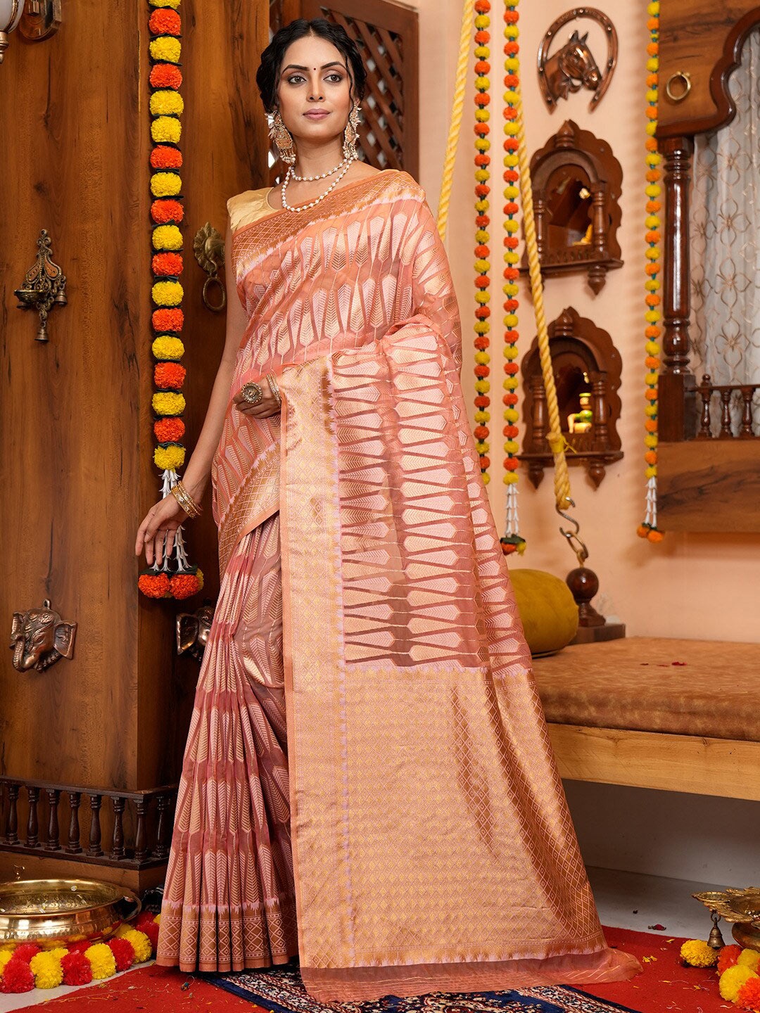 

KARAGIRI Ethnic Motif Organza Zari Saree With Blouse Piece, Peach