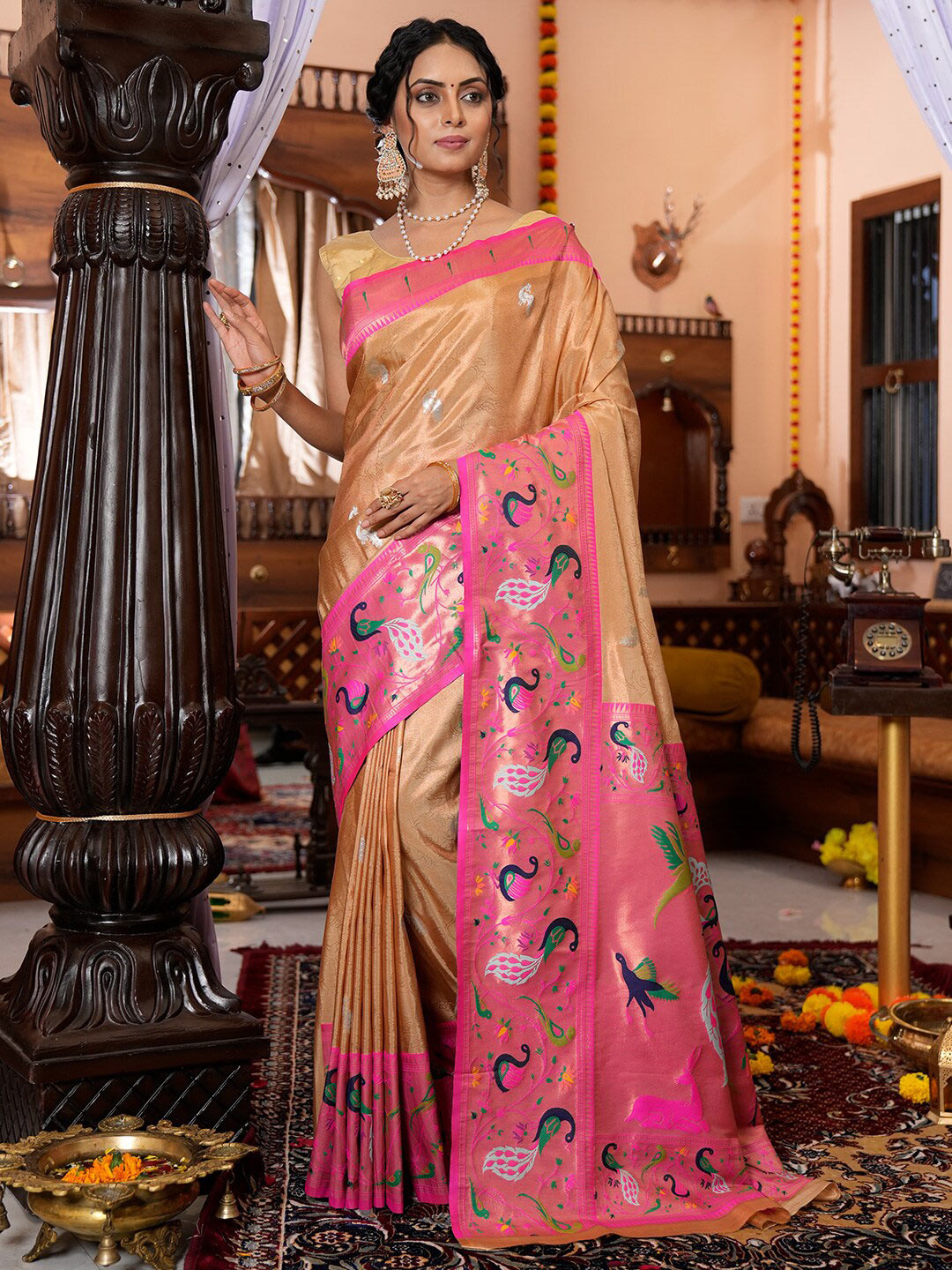 

KARAGIRI Ethnic Motifs Woven Design Tissue Paithani Saree, Beige