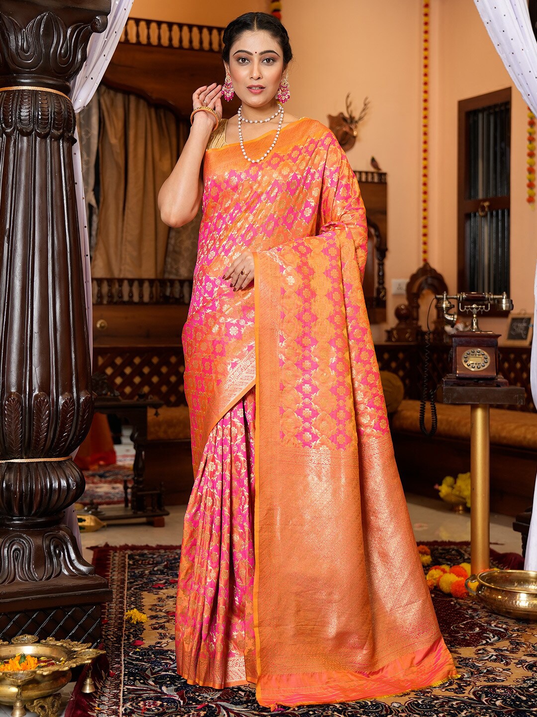 

KARAGIRI Ethnic Motif Silk Blend Zari Saree With Blouse Piece, Pink