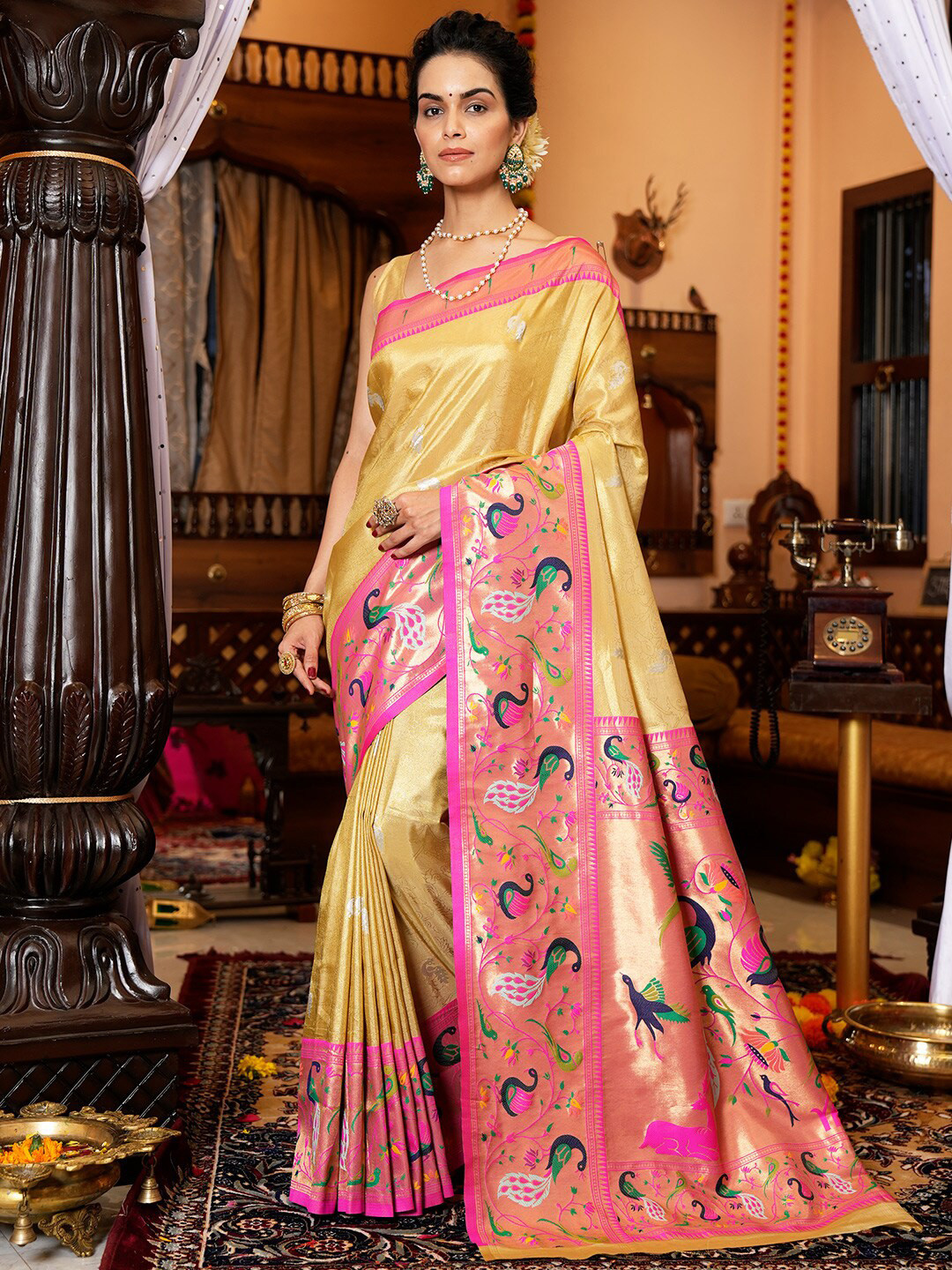 

KARAGIRI Ethnic Motif Tissue Paithani Saree With Blouse Piece, Yellow