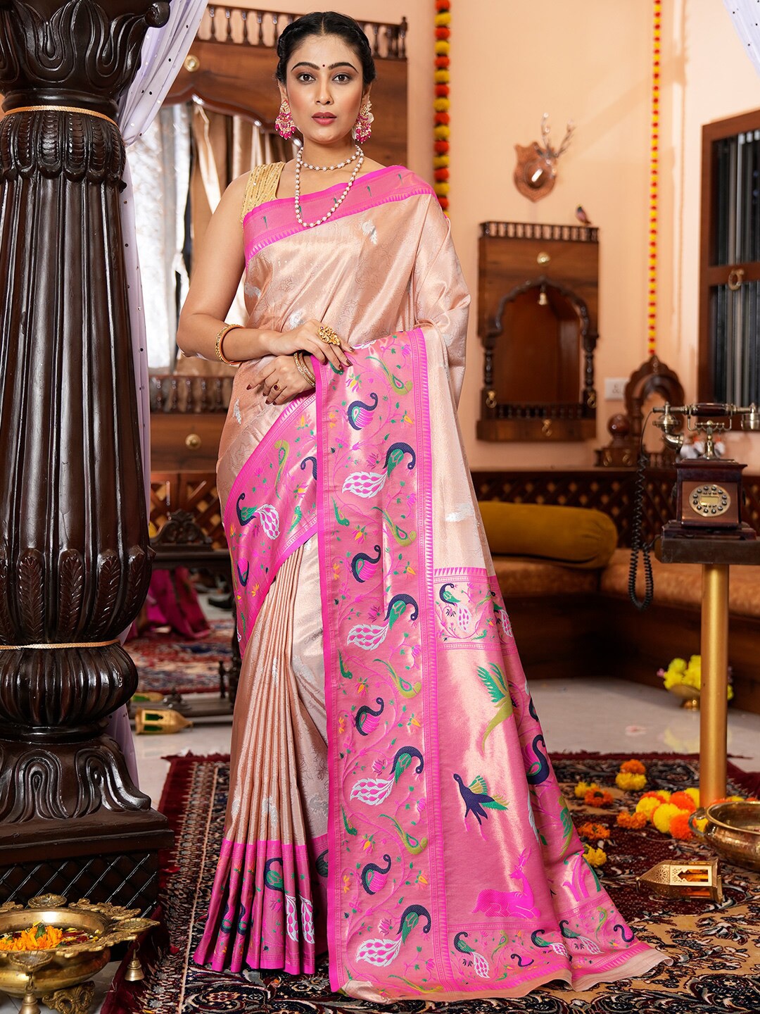 

KARAGIRI Ethnic Motifs Woven Design Tissue Paithani Saree, Beige