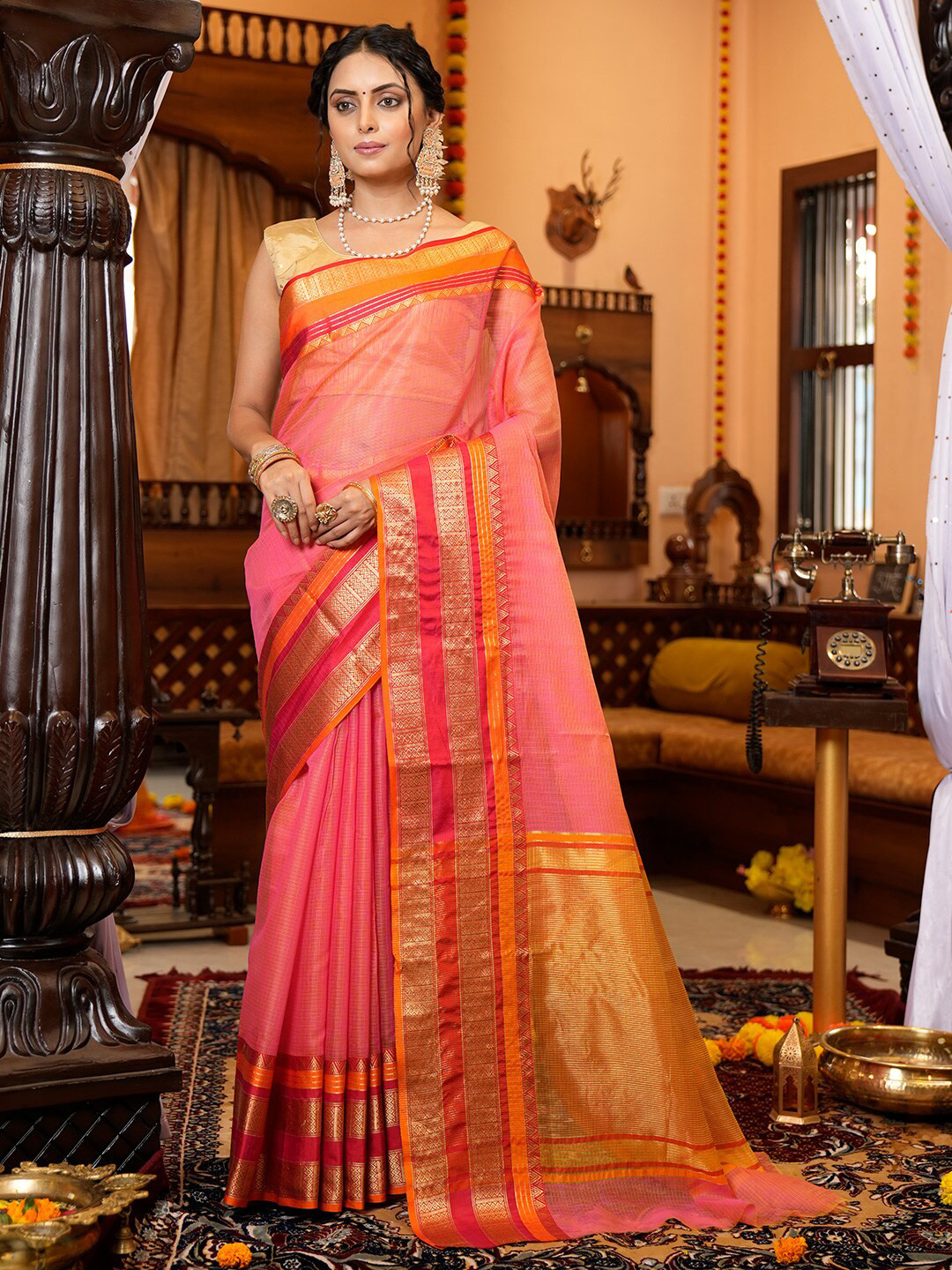 

KARAGIRI Geometric Woven Design Silk Blend Kota Saree, Pink